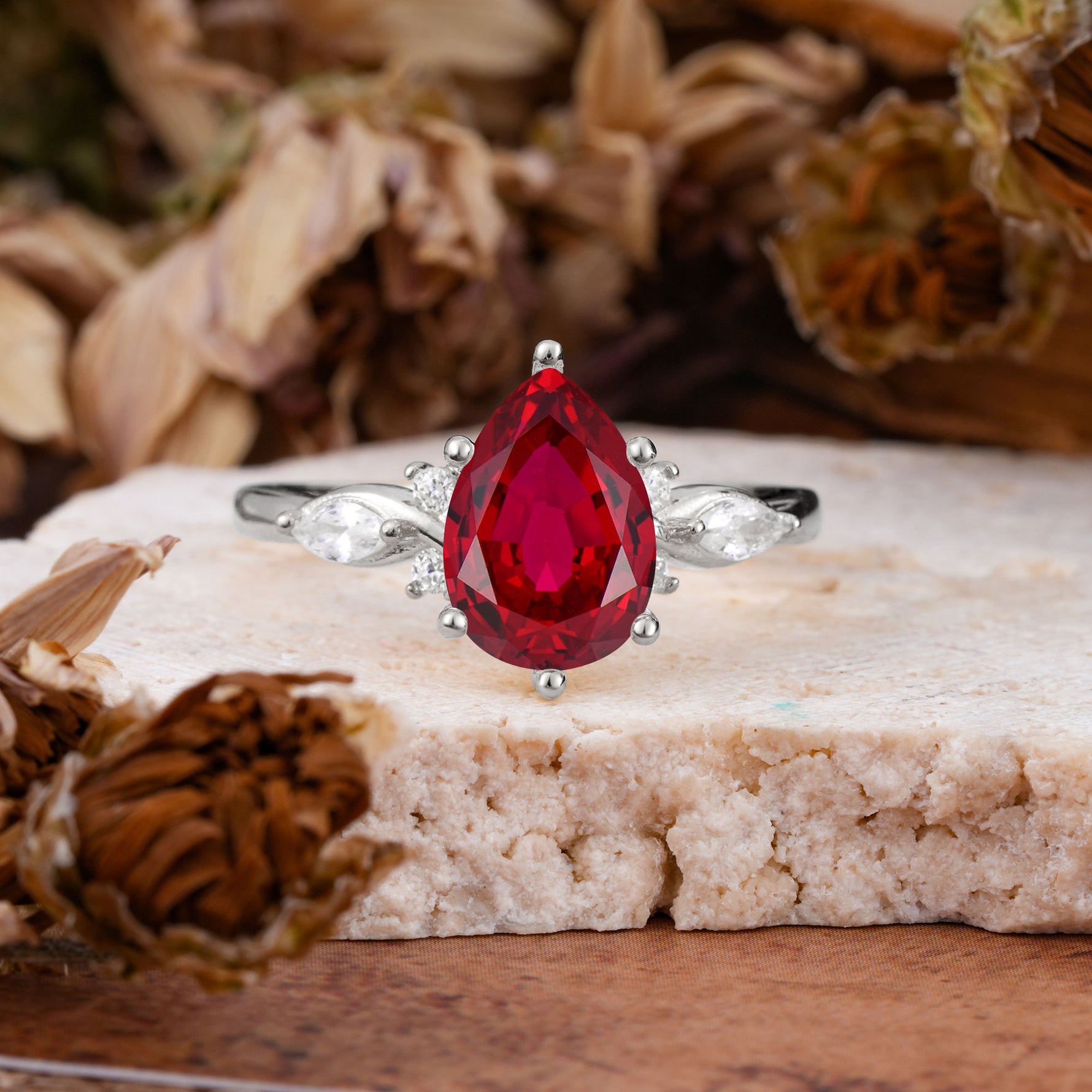 Vintage Pear Cut Ruby Three Side Stone Engagement Ring with Accents - Additional view