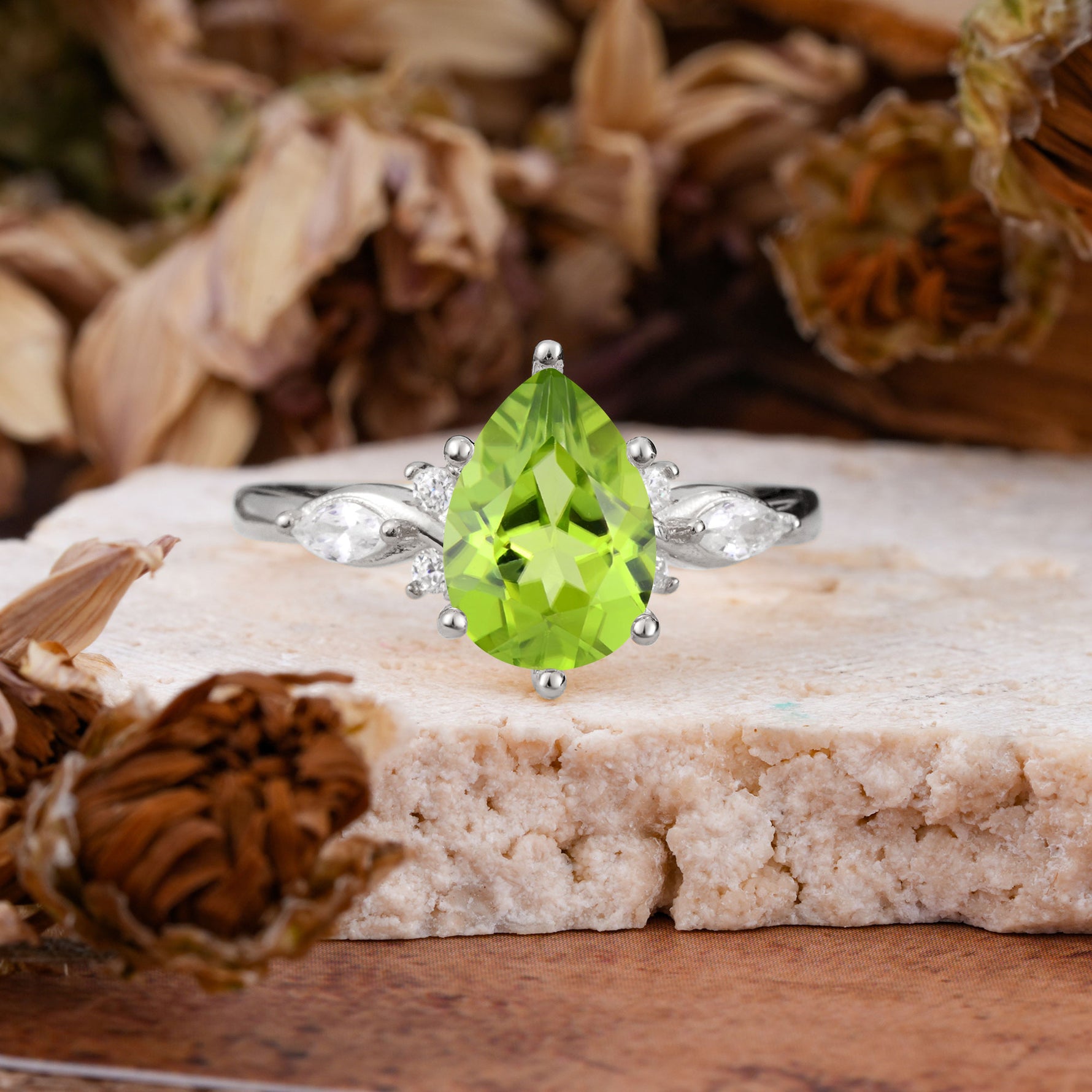 Vintage Pear Cut Peridot Three Side Stone Engagement Ring with Accents - Additional view
