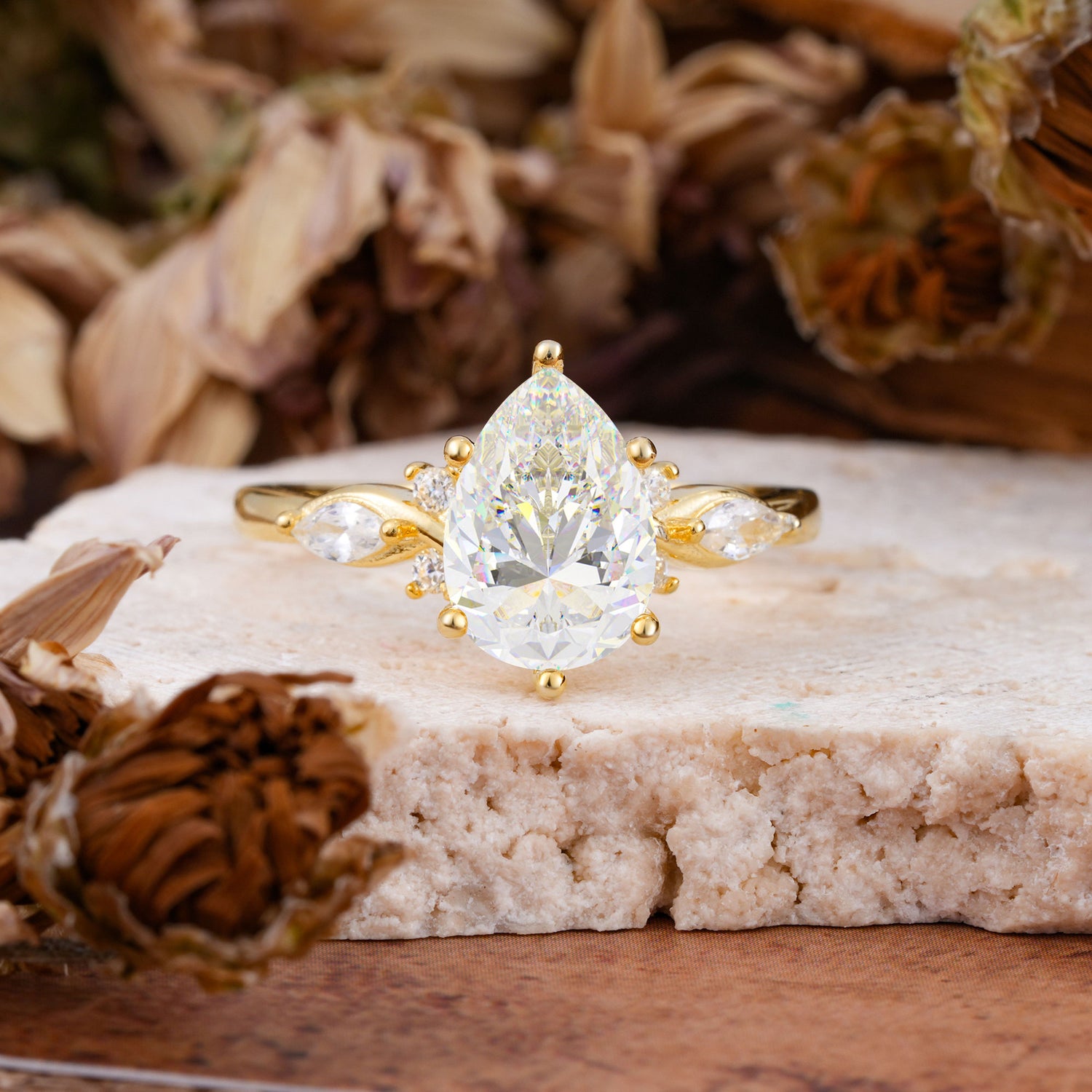 Vintage Pear Cut Moissanite Three Side Stone Engagement Ring with Accents - Additional view
