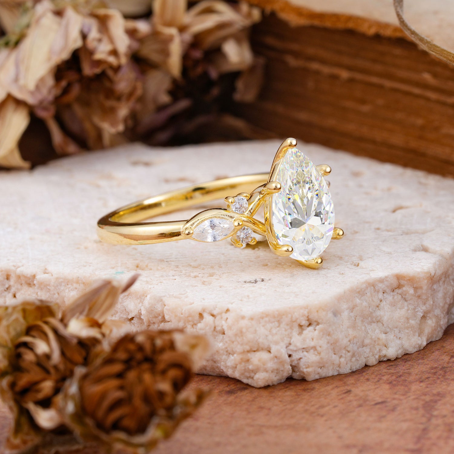 Vintage Pear Cut Moissanite Three Side Stone Engagement Ring with Accents - Additional view
