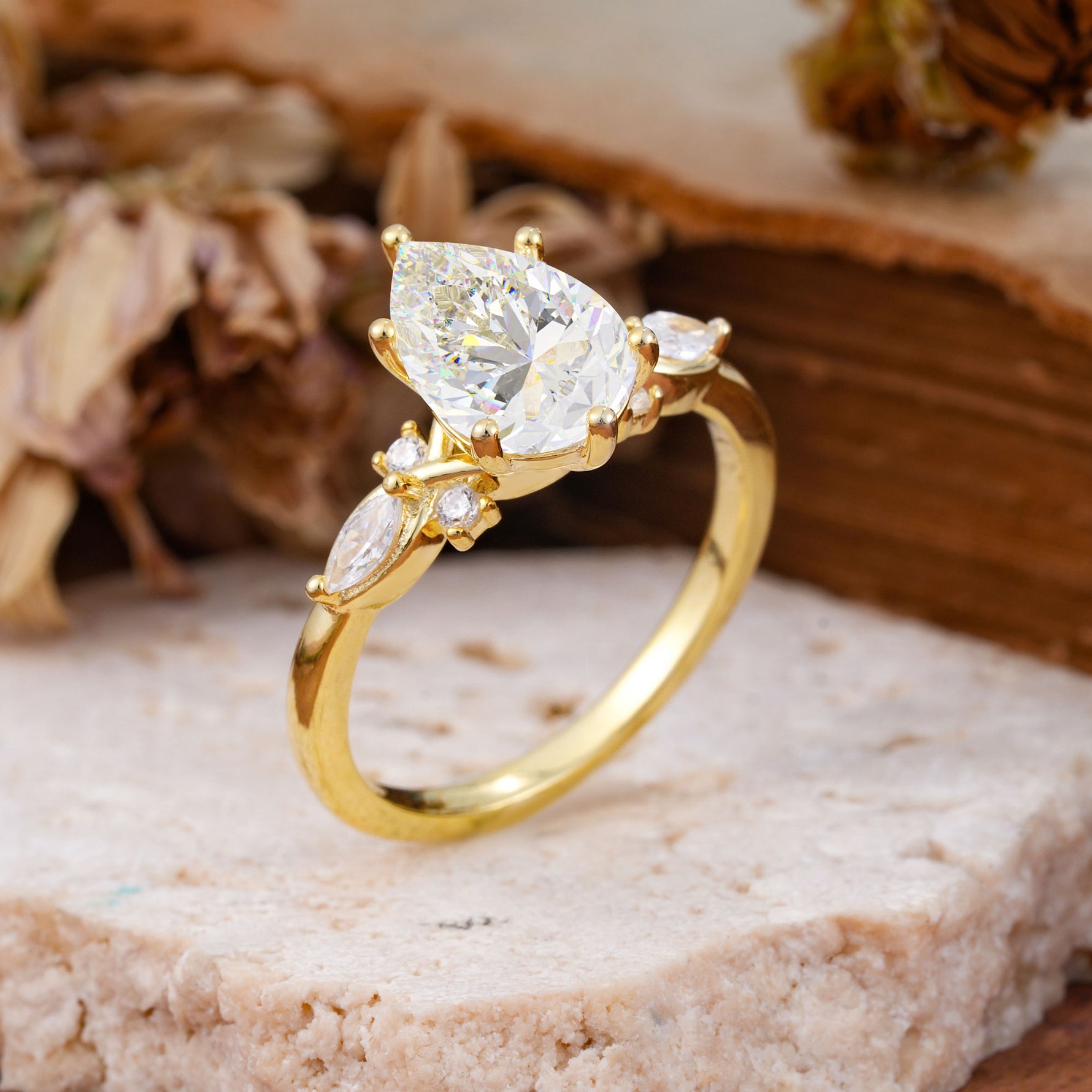 Vintage Pear Cut Moissanite Three Side Stone Engagement Ring with Accents - Additional view