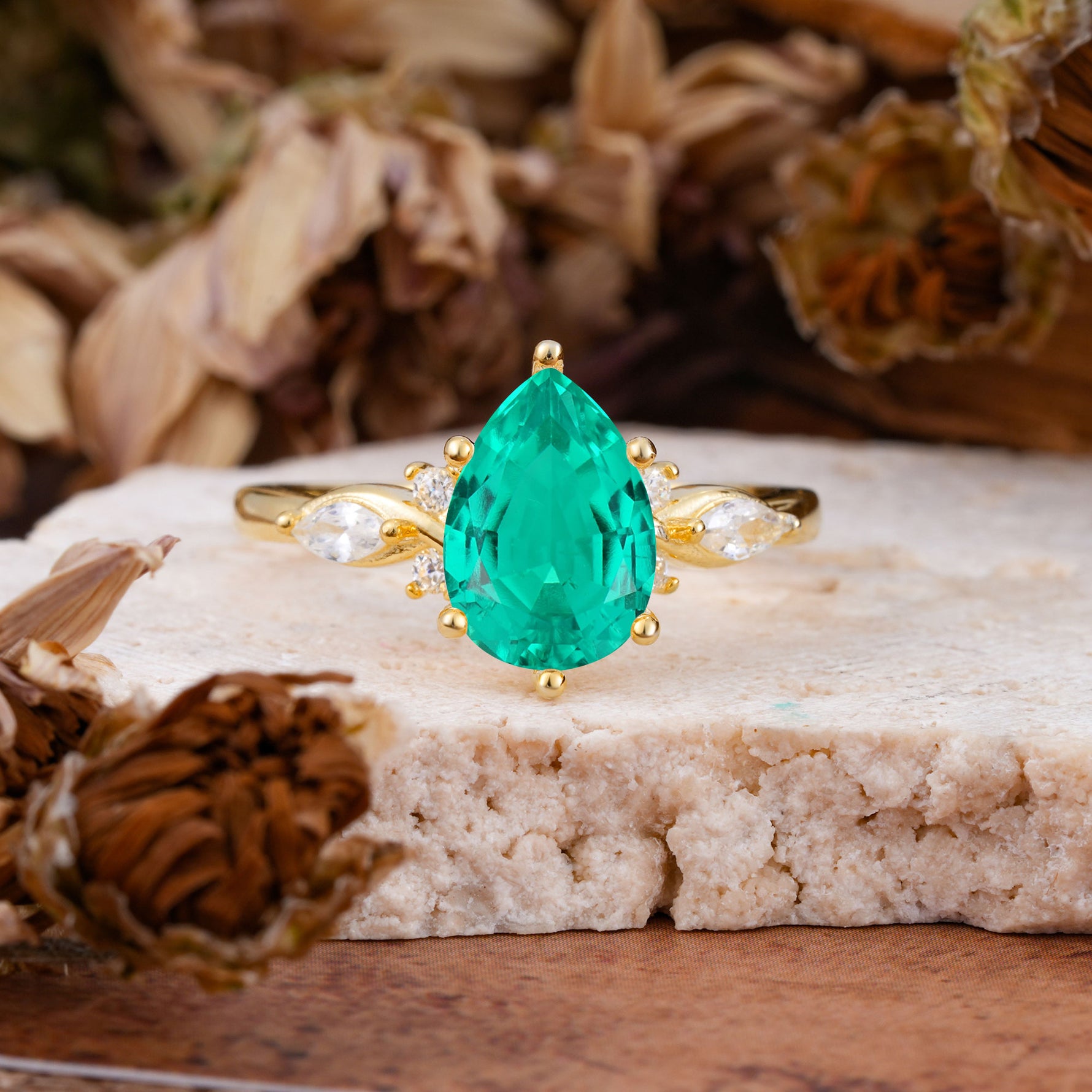 Vintage Pear Cut Emerald Three Side Stone Engagement Ring with Accents - Additional view