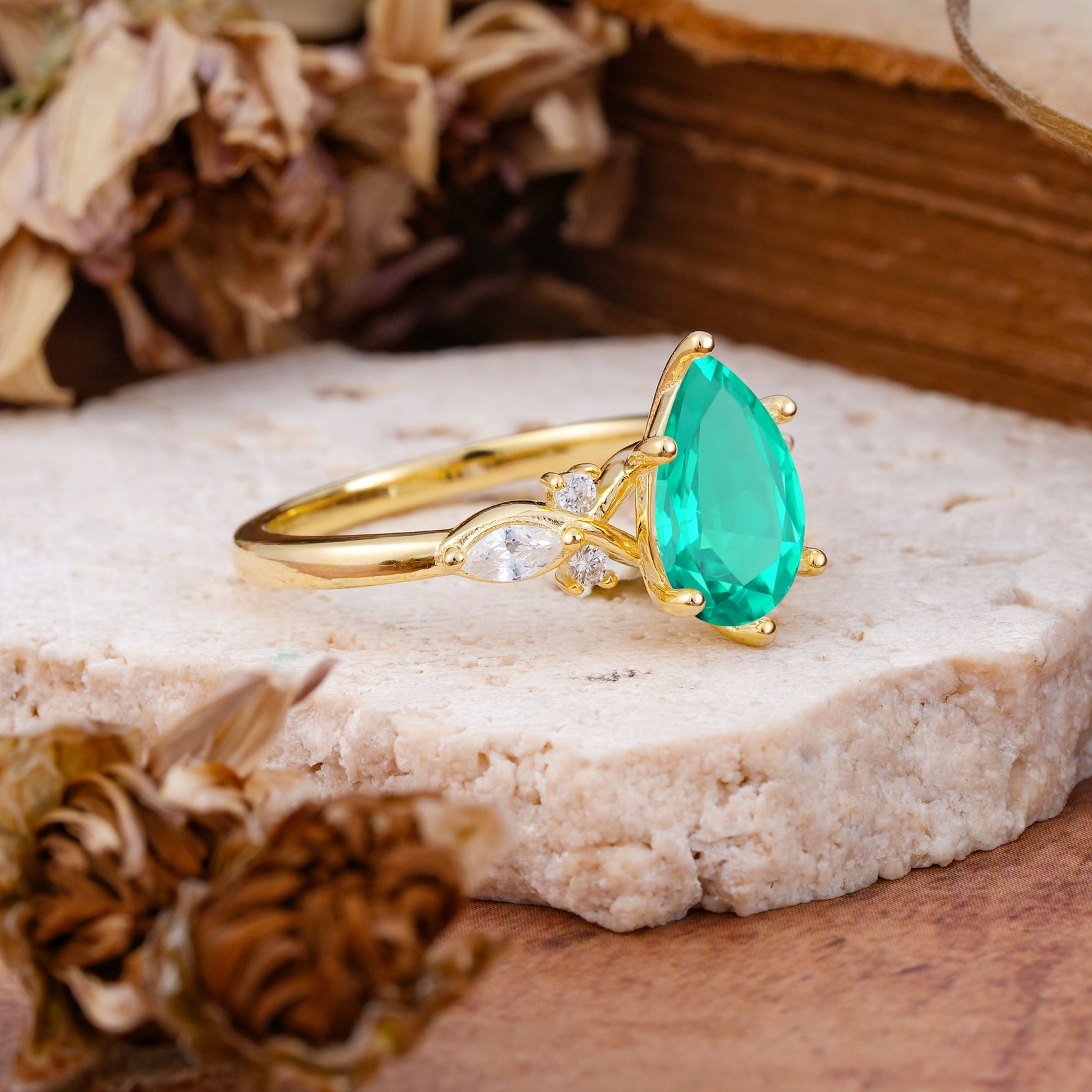 Vintage Pear Cut Emerald Three Side Stone Engagement Ring with Accents - Additional view