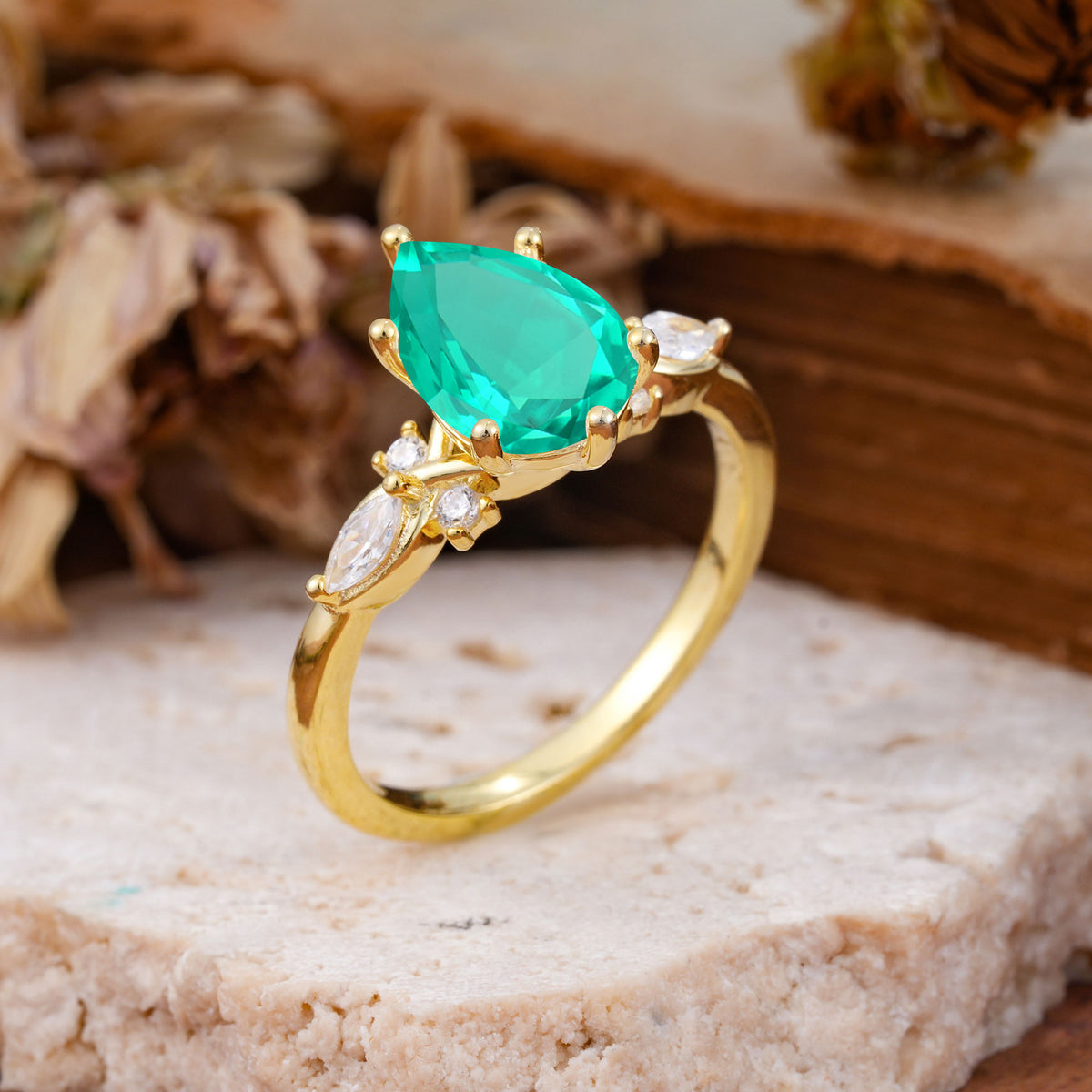 Vintage Pear Cut Emerald Three Side Stone Engagement Ring with Accents - Additional view