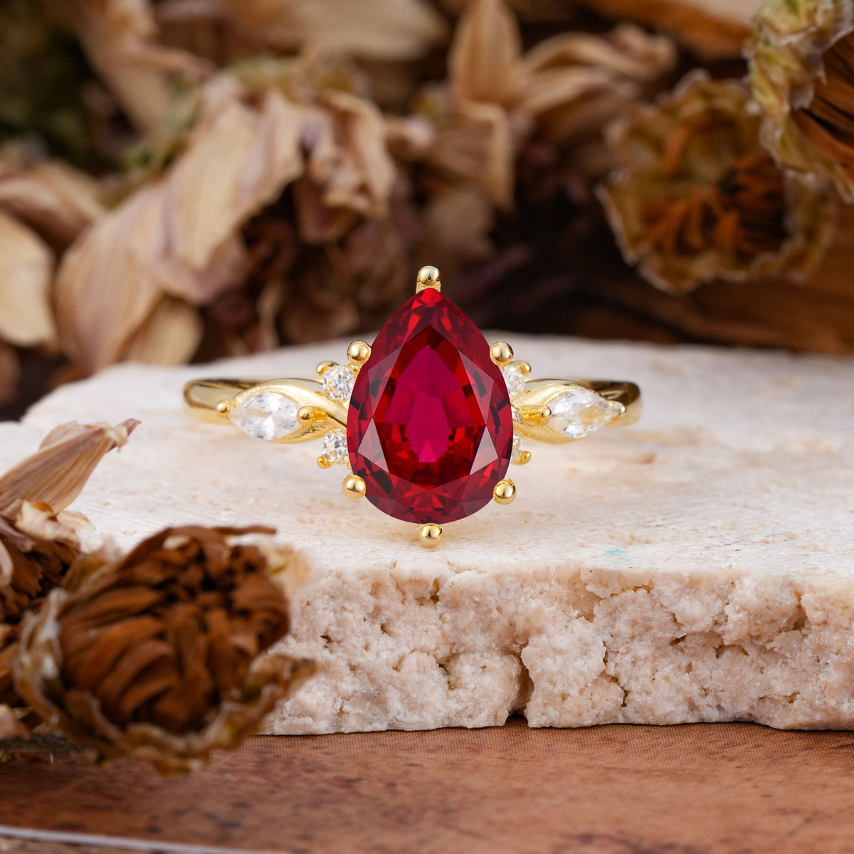 Vintage Pear Cut Ruby Three Side Stone Engagement Ring with Accents - Additional view