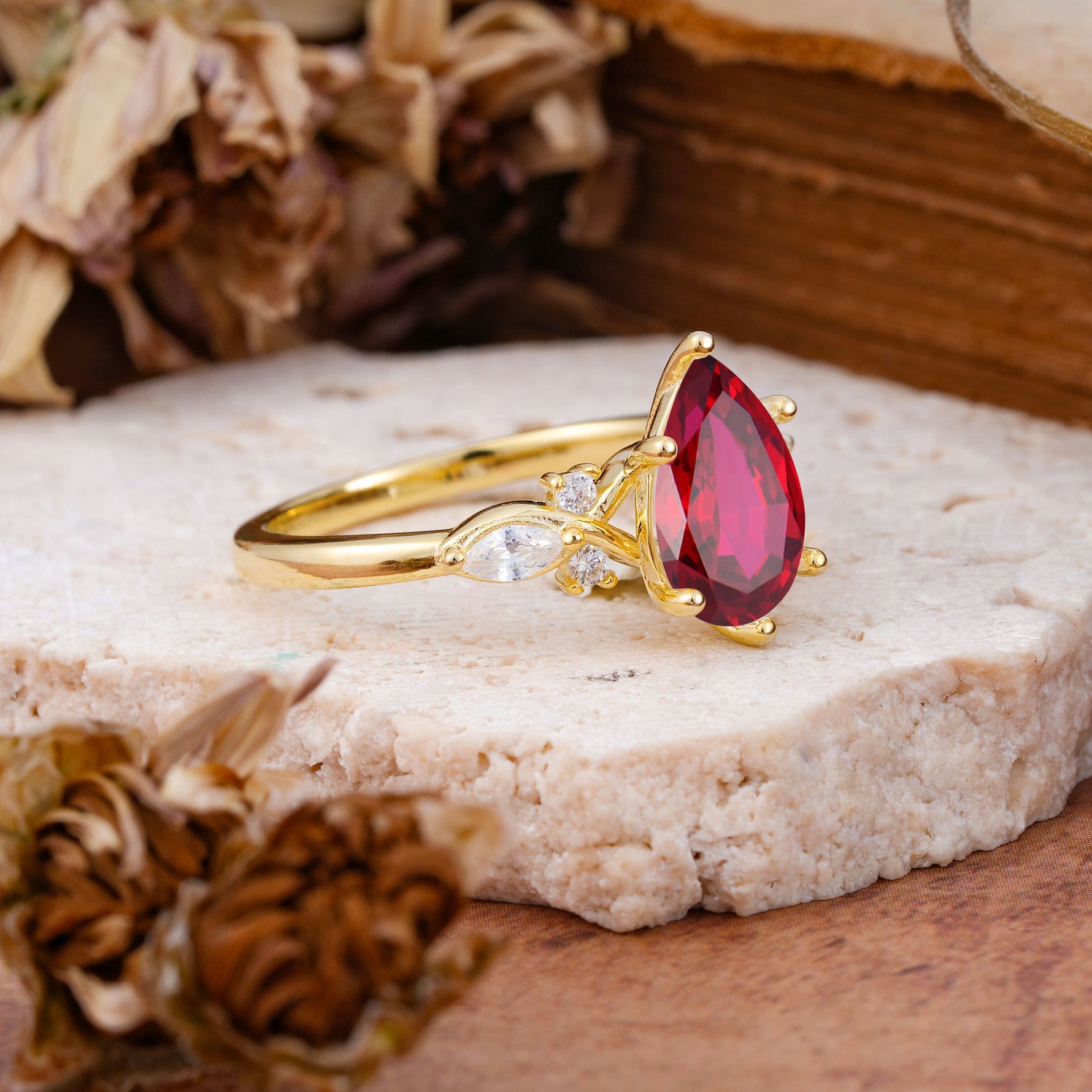 Vintage Pear Cut Ruby Three Side Stone Engagement Ring with Accents - Additional view