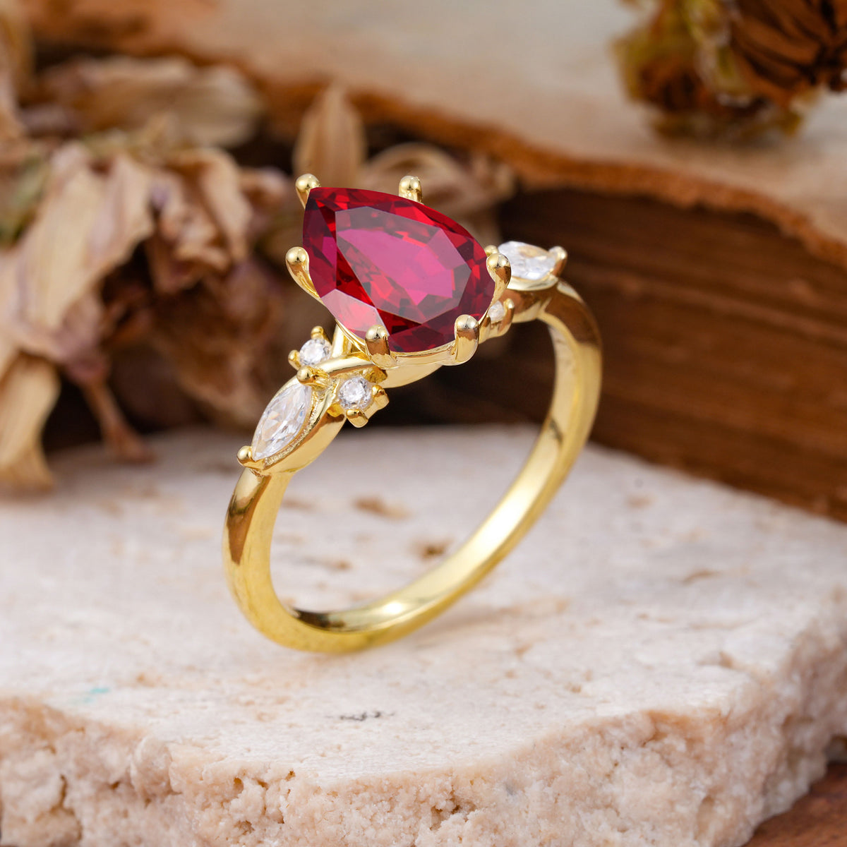 Vintage Pear Cut Ruby Three Side Stone Engagement Ring with Accents - Additional view