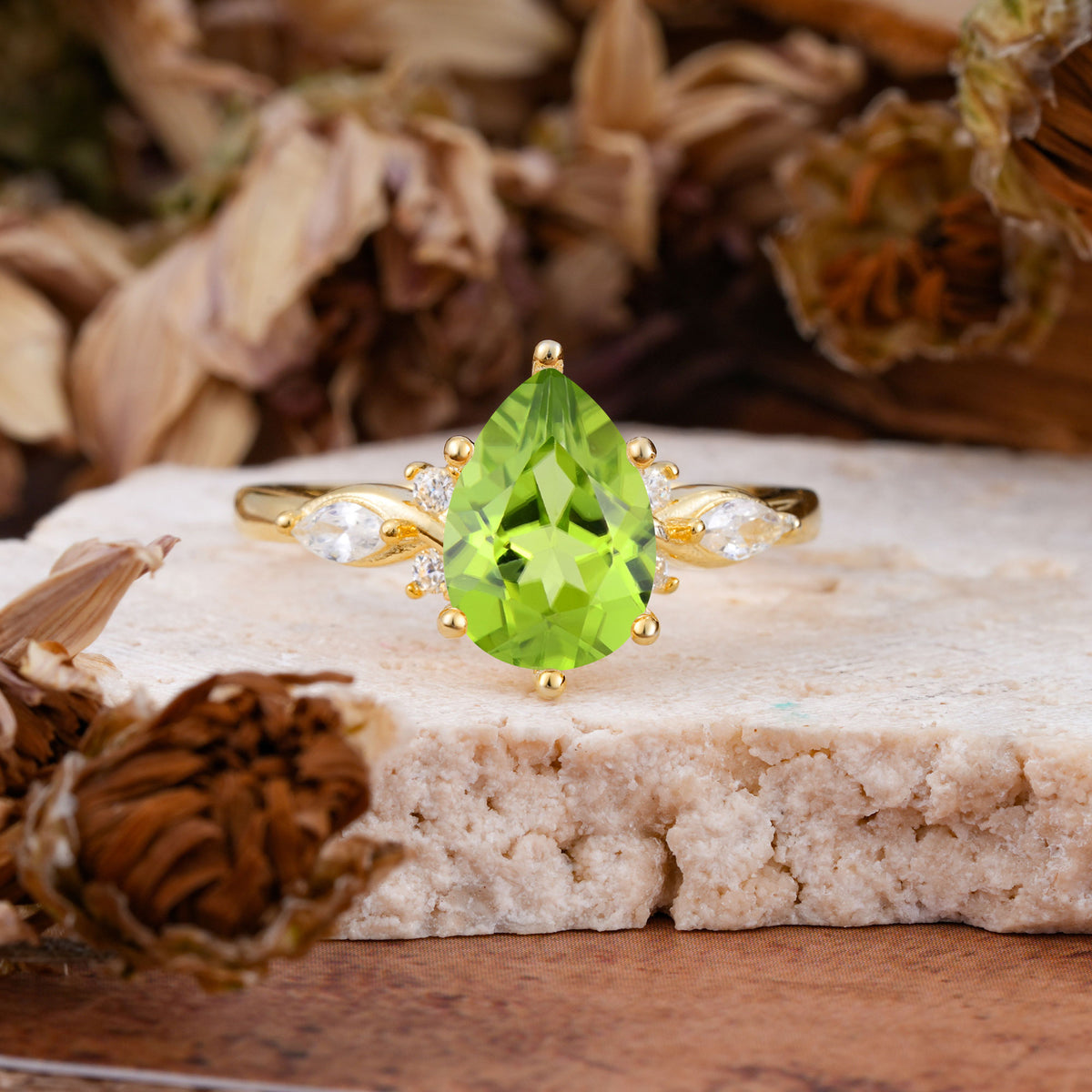 Vintage Pear Cut Peridot Three Side Stone Engagement Ring with Accents - Additional view