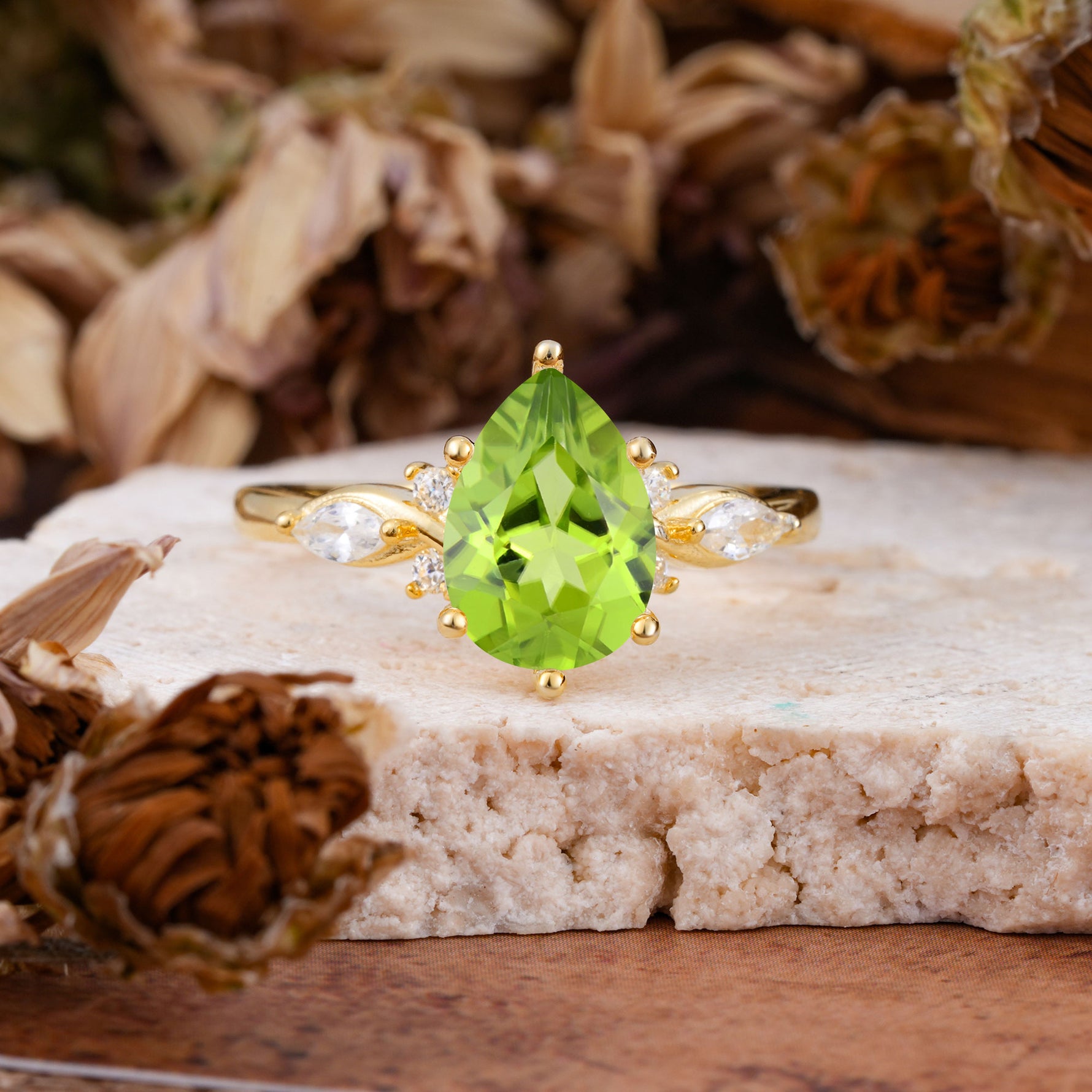 Vintage Pear Cut Peridot Three Side Stone Engagement Ring with Accents - Additional view