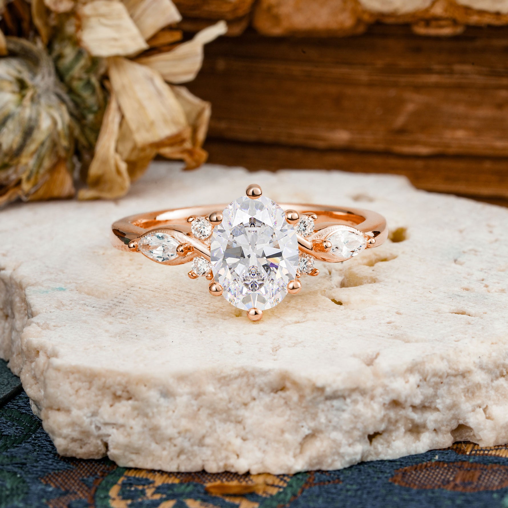 Nature Inspired 6 Prong Leaf Oval Cut Moissanite Engagement Ring - Additional view