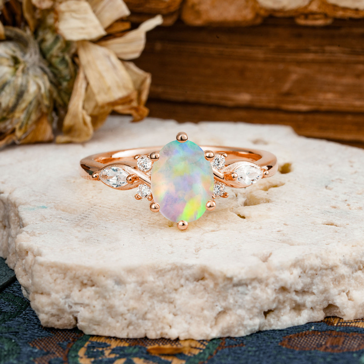 Nature Inspired 6 Prong Leaf Oval Cut Fire Opal Engagement Ring - Additional view