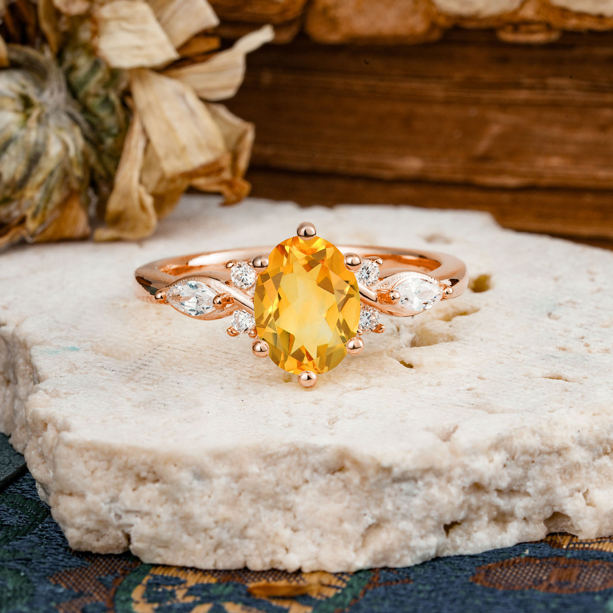 Nature Inspired 6 Prong Leaf Oval Cut Citrine Engagement Ring - Additional view