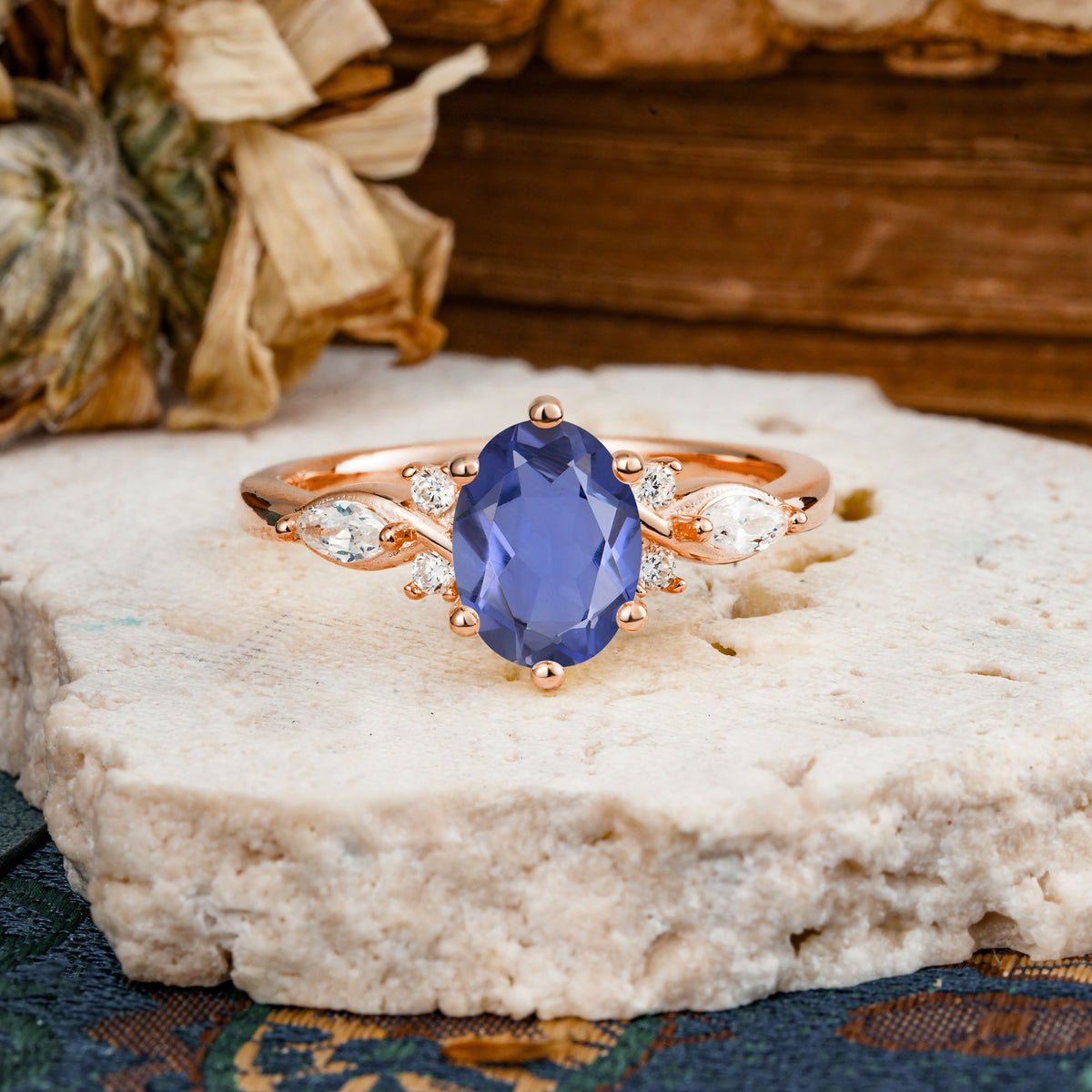 Nature Inspired 6 Prong Leaf Oval Cut Tanzanite Engagement Ring - Additional view