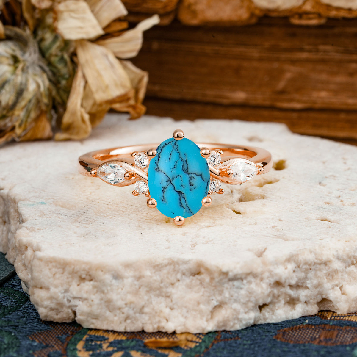 Nature Inspired 6 Prong Leaf Oval Cut Turquoise Engagement Ring - Additional view