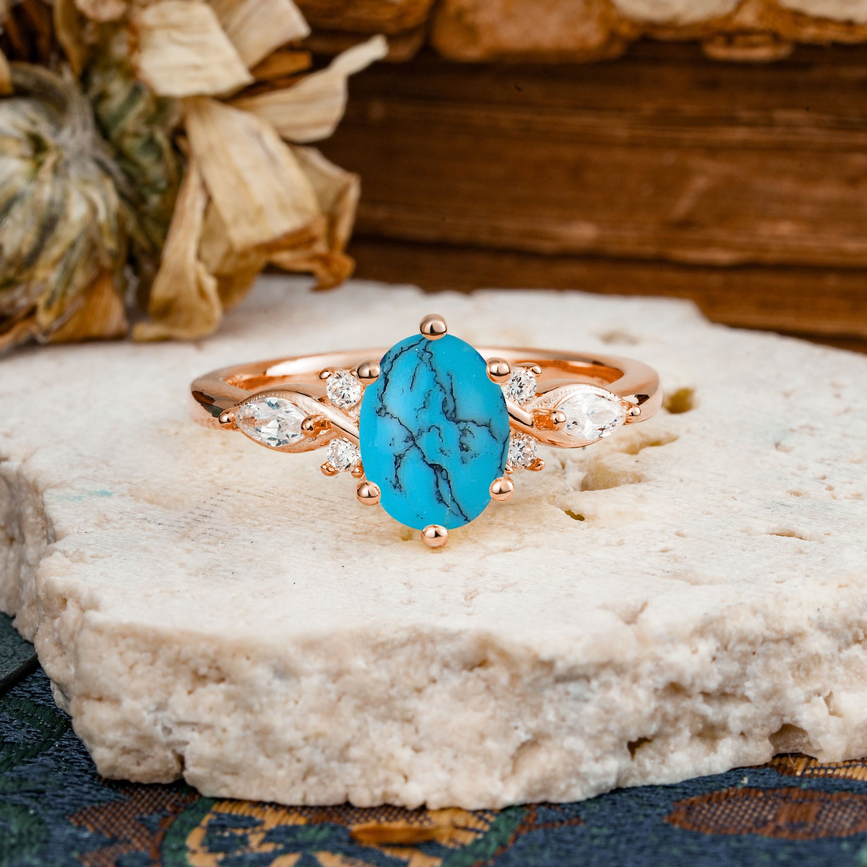 Nature Inspired 6 Prong Leaf Oval Cut Turquoise Engagement Ring - Additional view