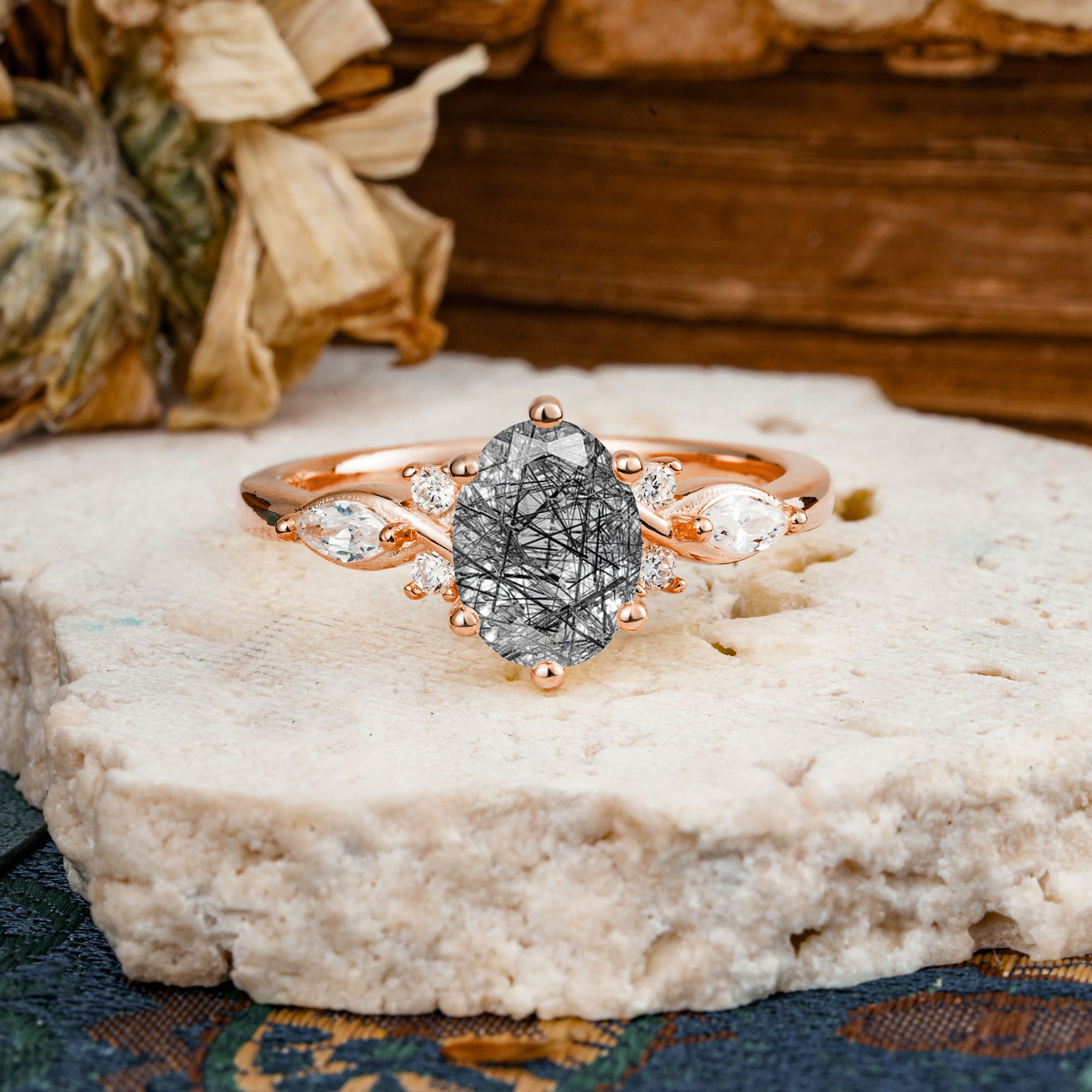 Nature Inspired 6 Prong Leaf Oval Cut Black Rutilated Quartz Engagement Ring - Additional view