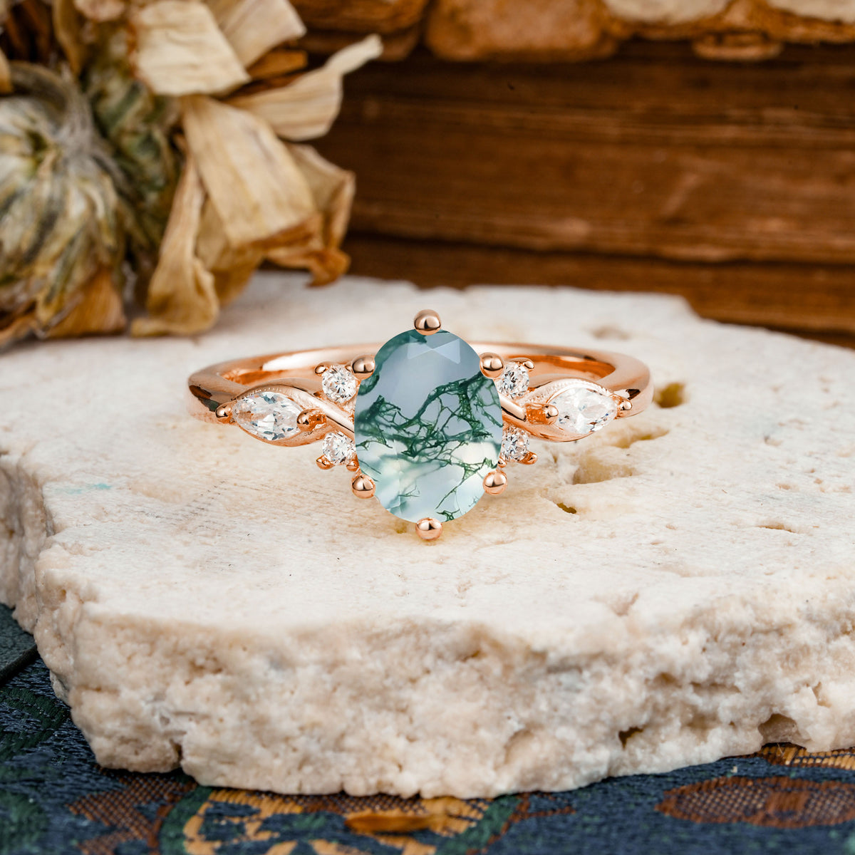 Nature Inspired 6 Prong Leaf Oval Cut Moss Agate Engagement Ring - Additional view
