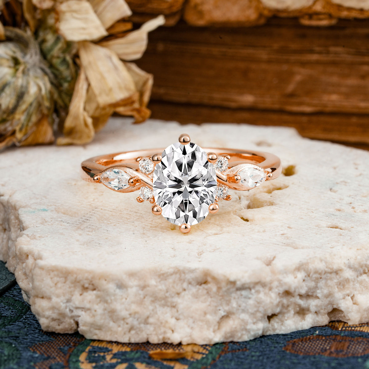 Nature Inspired 6 Prong Leaf Oval Cut Lab Diamond Engagement Ring - Additional view