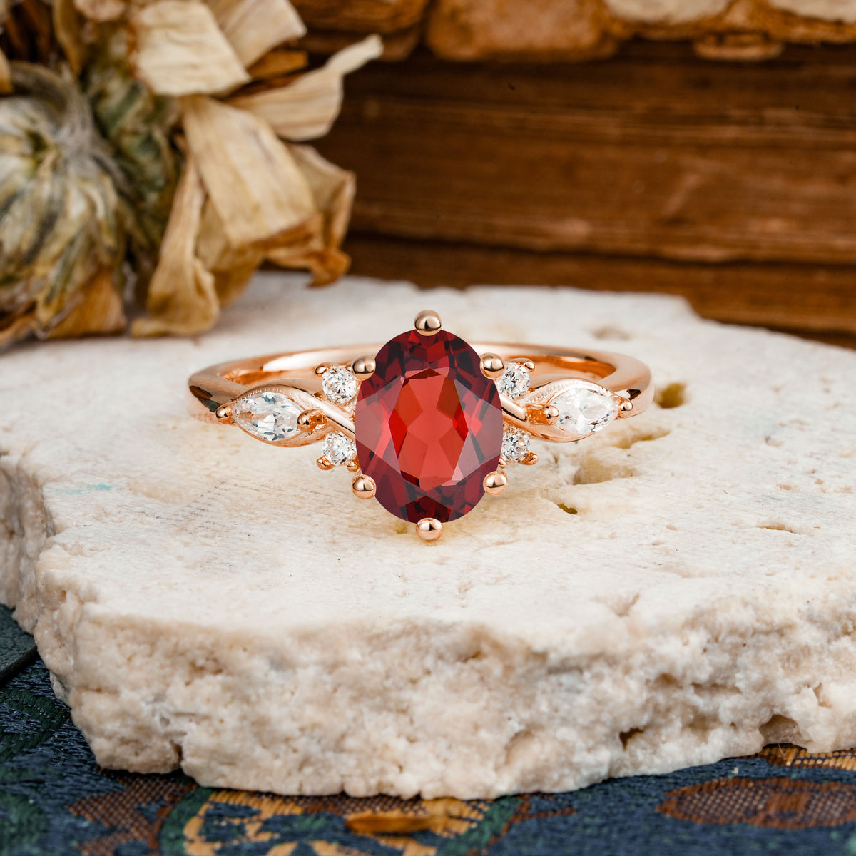 Nature Inspired 6 Prong Leaf Oval Cut Garnet Engagement Ring - Additional view