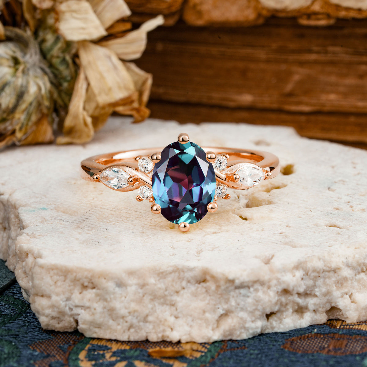 Nature Inspired 6 Prong Leaf Oval Cut Alexandrite Engagement Ring - Additional view