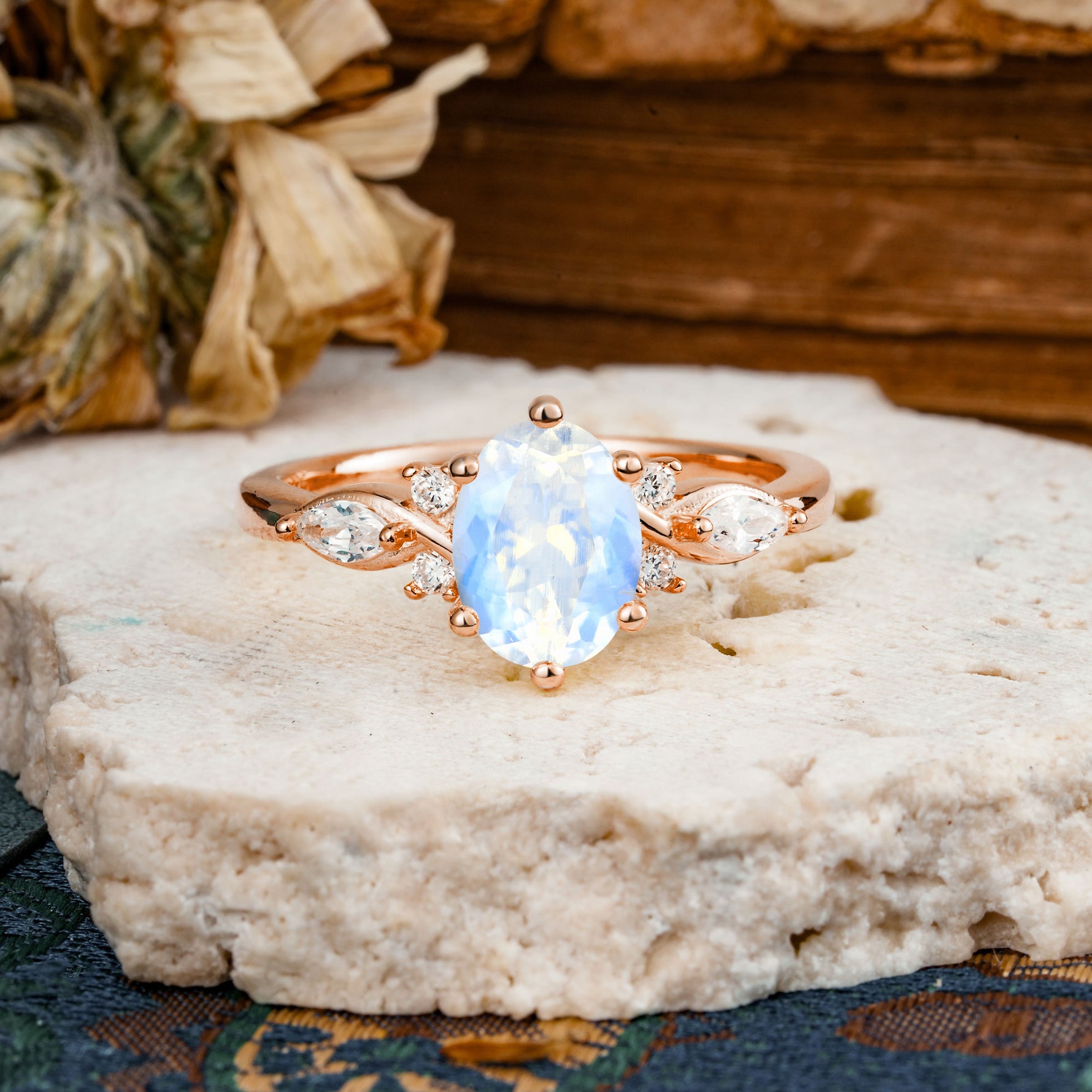 Nature Inspired 6 Prong Leaf Oval Cut Moonstone Engagement Ring - Additional view