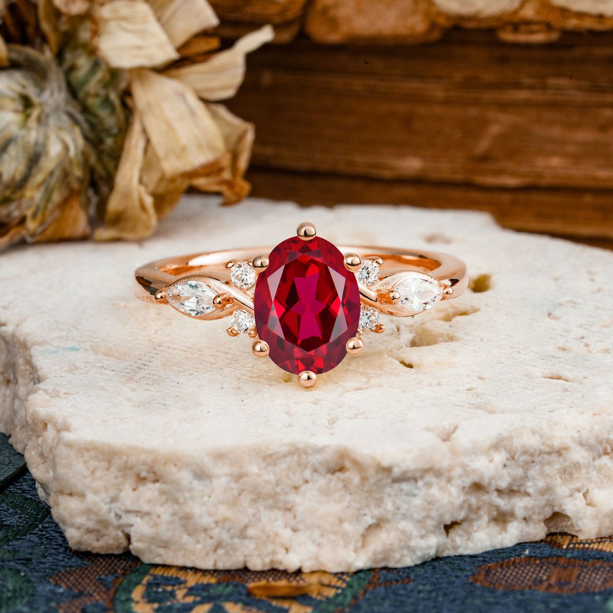 Nature Inspired 6 Prong Leaf Oval Cut Ruby Engagement Ring - Additional view