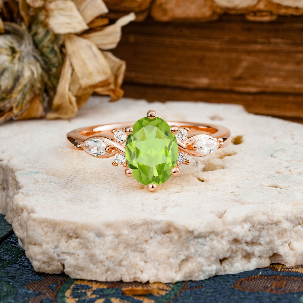 Nature Inspired 6 Prong Leaf Oval Cut Peridot Engagement Ring - Additional view