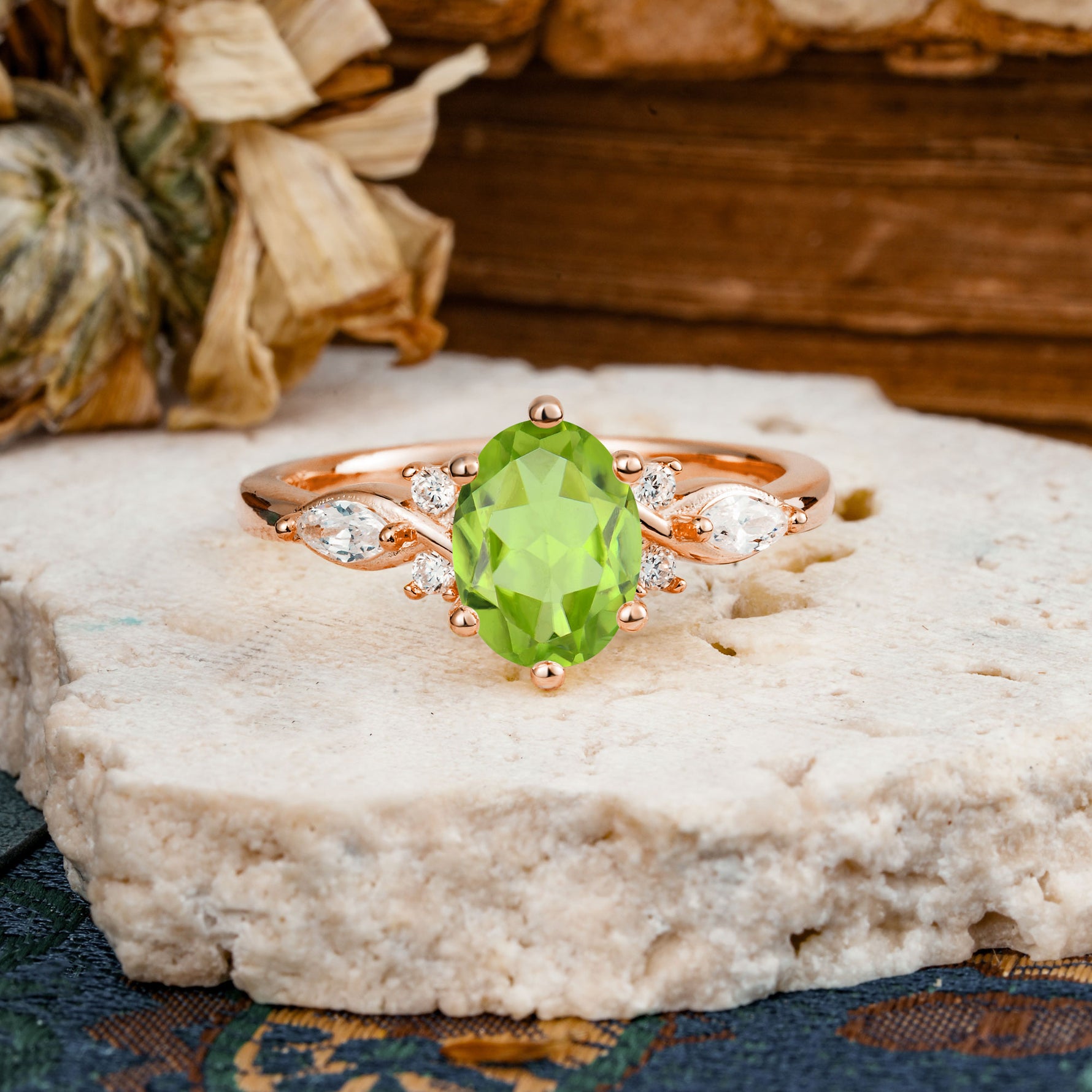 Nature Inspired 6 Prong Leaf Oval Cut Peridot Engagement Ring - Additional view