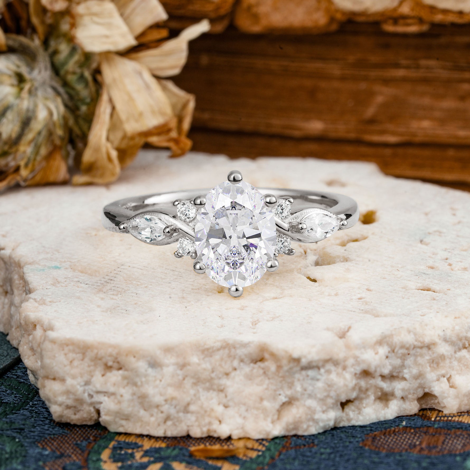 Nature Inspired 6 Prong Leaf Oval Cut Moissanite Engagement Ring - Additional view