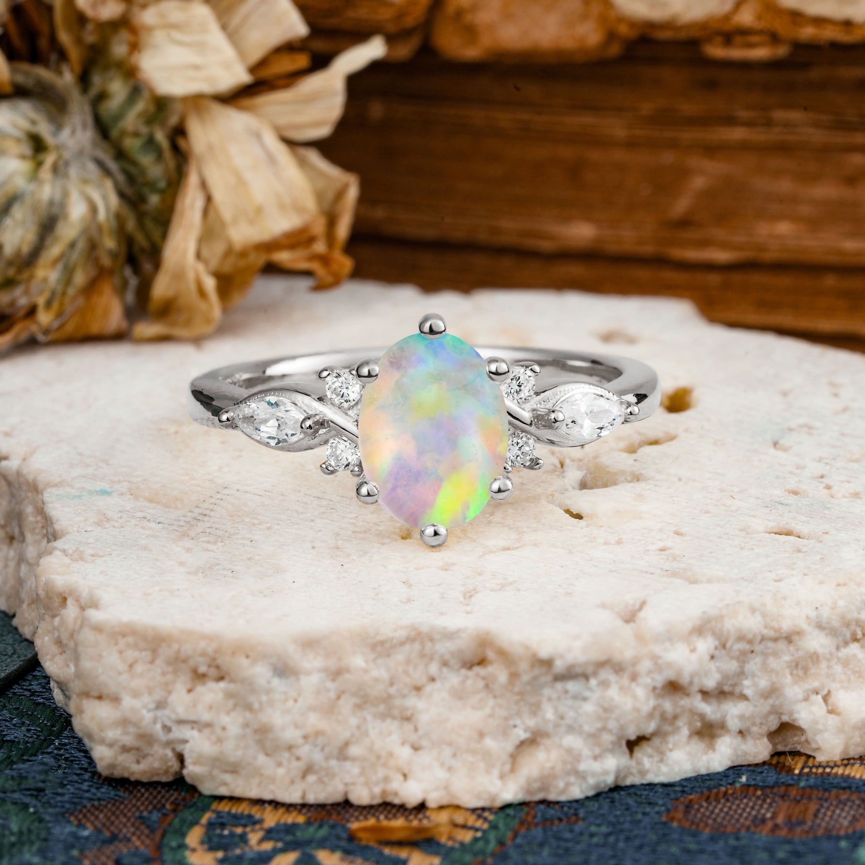 Nature Inspired 6 Prong Leaf Oval Cut Fire Opal Engagement Ring - Additional view