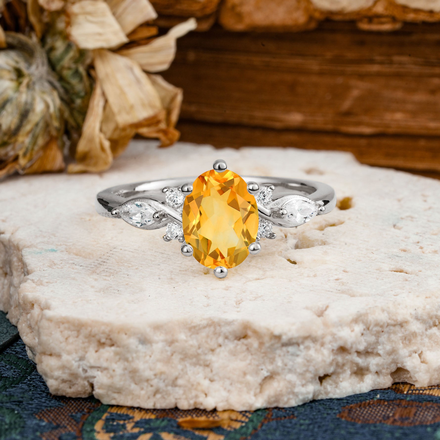 Nature Inspired 6 Prong Leaf Oval Cut Citrine Engagement Ring - Additional view