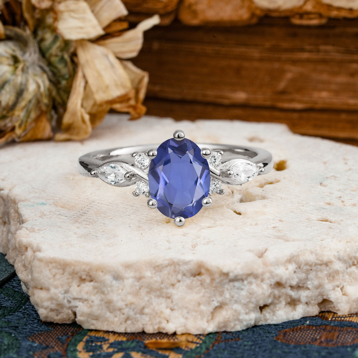 Nature Inspired 6 Prong Leaf Oval Cut Tanzanite Engagement Ring - Additional view
