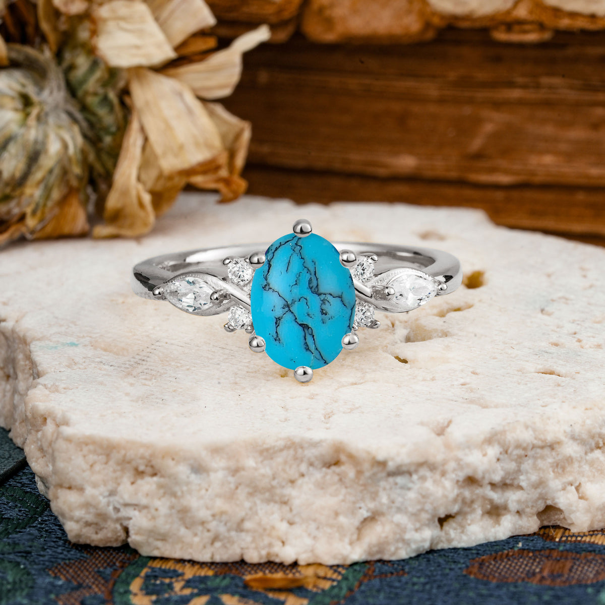 Nature Inspired 6 Prong Leaf Oval Cut Turquoise Engagement Ring - Additional view