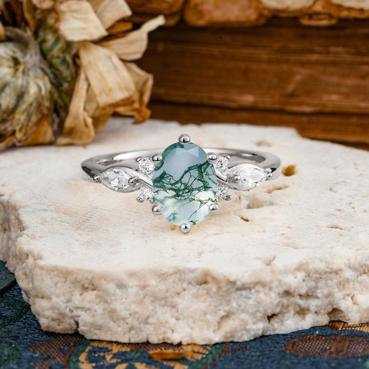 Nature Inspired 6 Prong Leaf Oval Cut Moss Agate Engagement Ring - Additional view