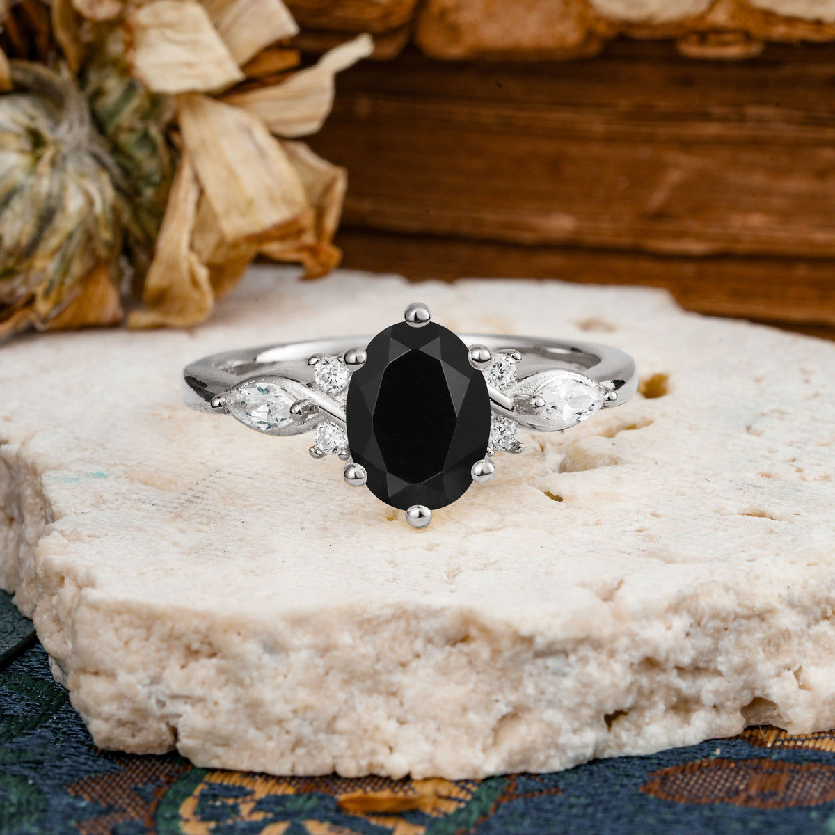 Nature Inspired 6 Prong Leaf Oval Cut Black Onyx Engagement Ring - Additional view