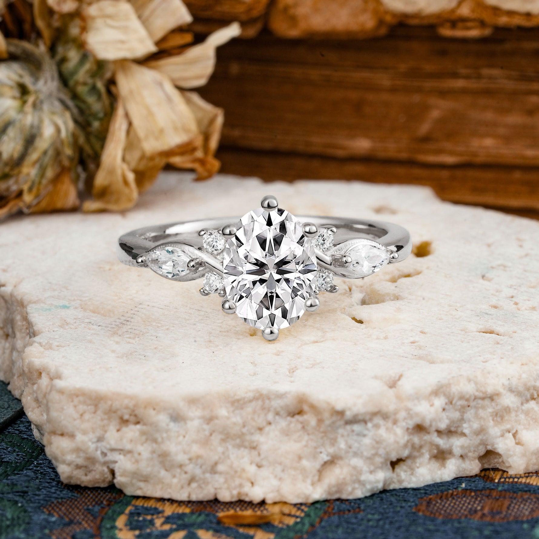 Nature Inspired 6 Prong Leaf Oval Cut Lab Diamond Engagement Ring - Additional view