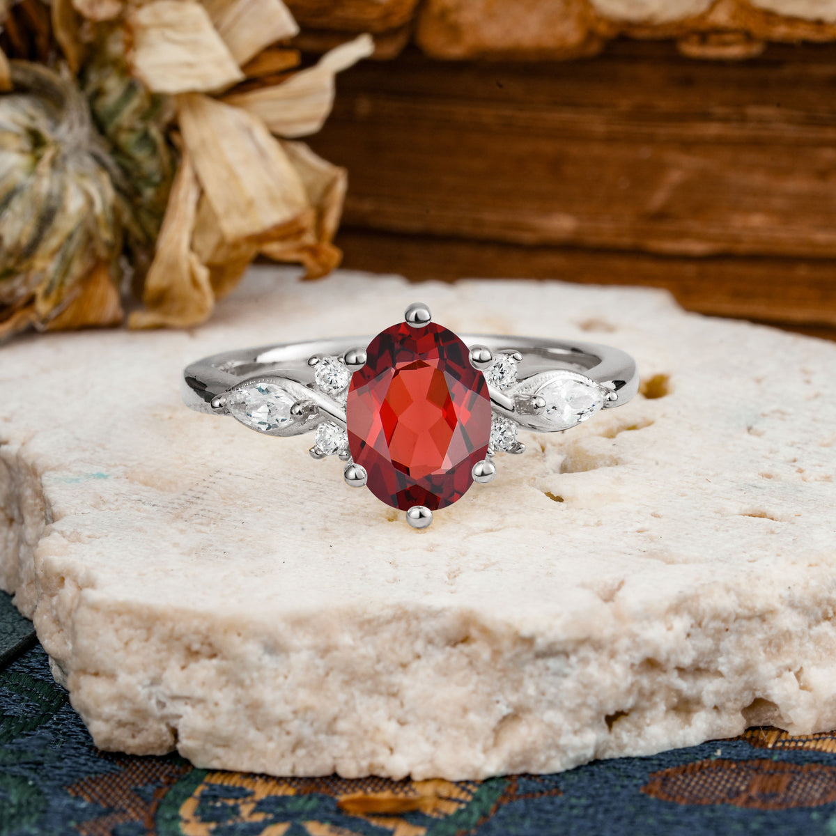 Nature Inspired 6 Prong Leaf Oval Cut Garnet Engagement Ring - Additional view