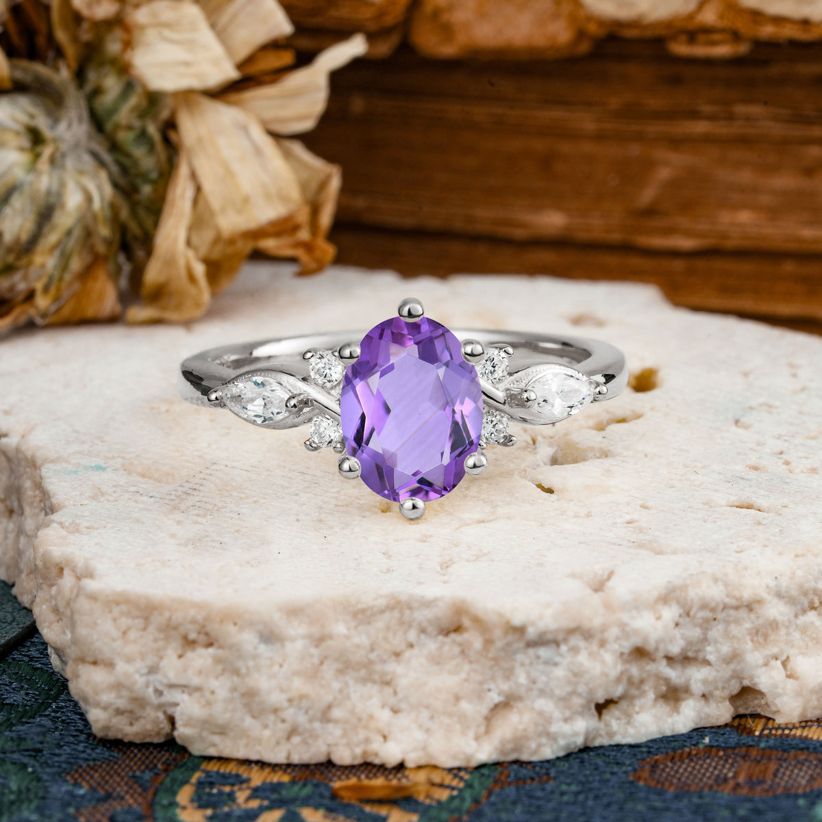 Nature Inspired 6 Prong Leaf Oval Cut Amethyst Engagement Ring - Additional view