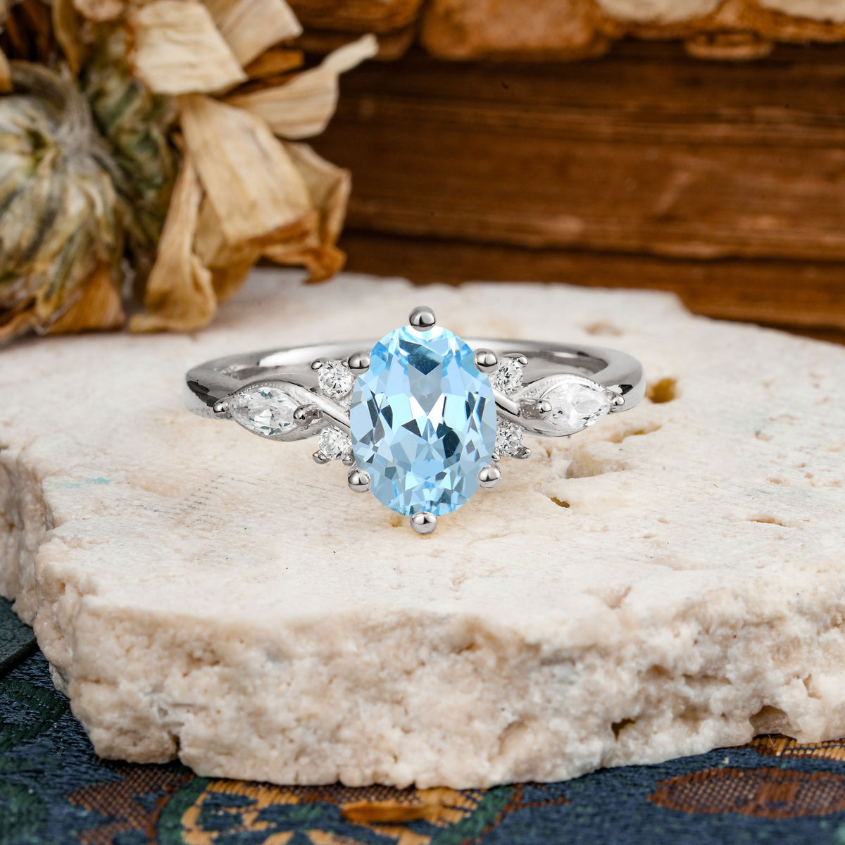 Nature Inspired 6 Prong Leaf Oval Cut Aquamarine Engagement Ring - Additional view