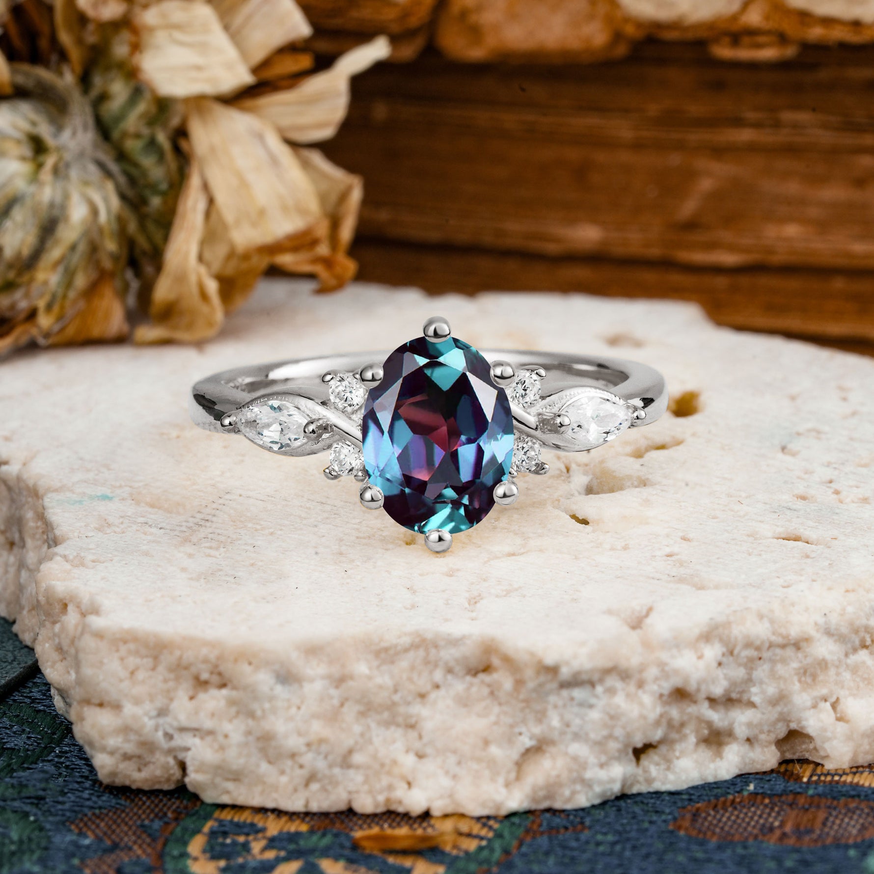 Nature Inspired 6 Prong Leaf Oval Cut Alexandrite Engagement Ring - Additional view