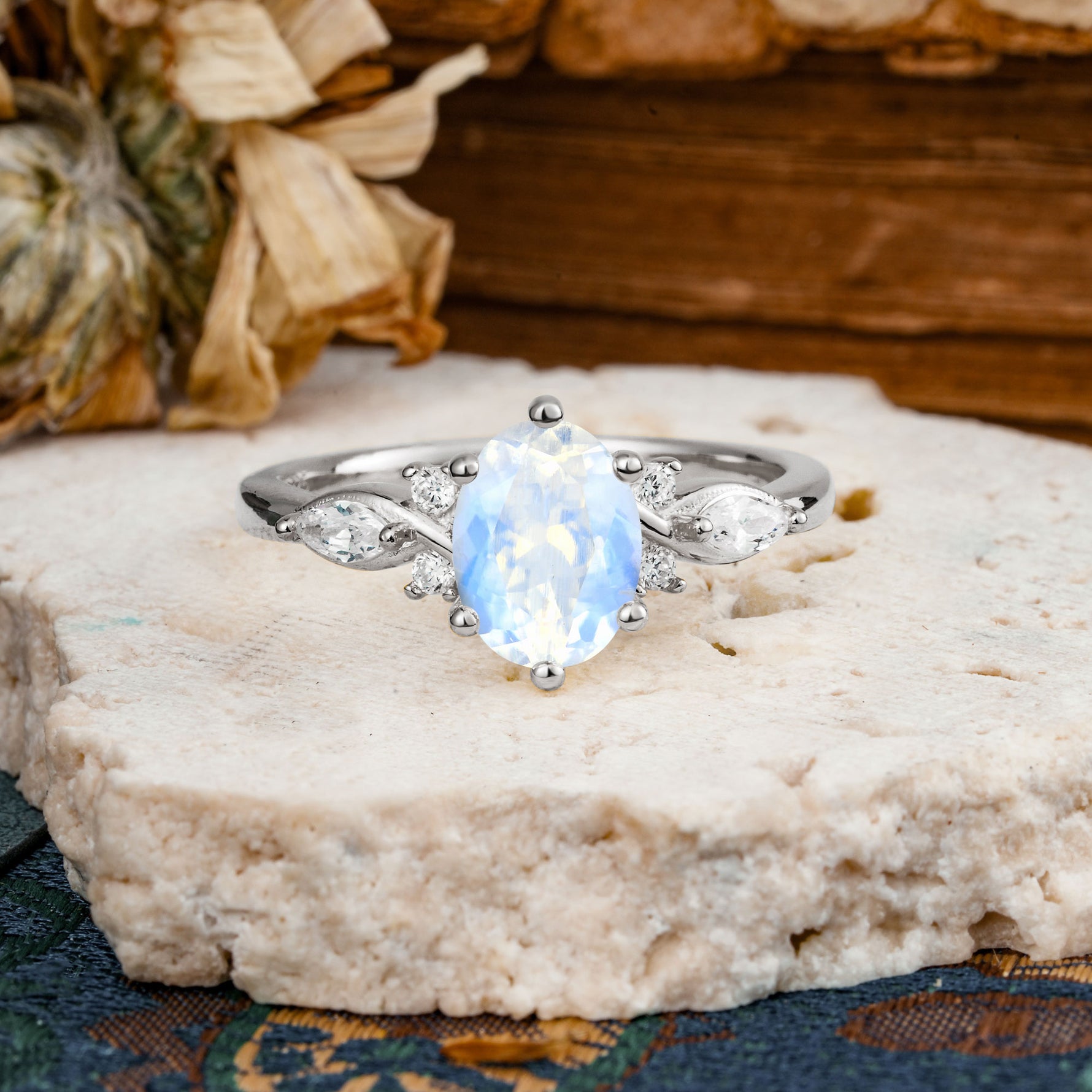 Nature Inspired 6 Prong Leaf Oval Cut Moonstone Engagement Ring - Additional view