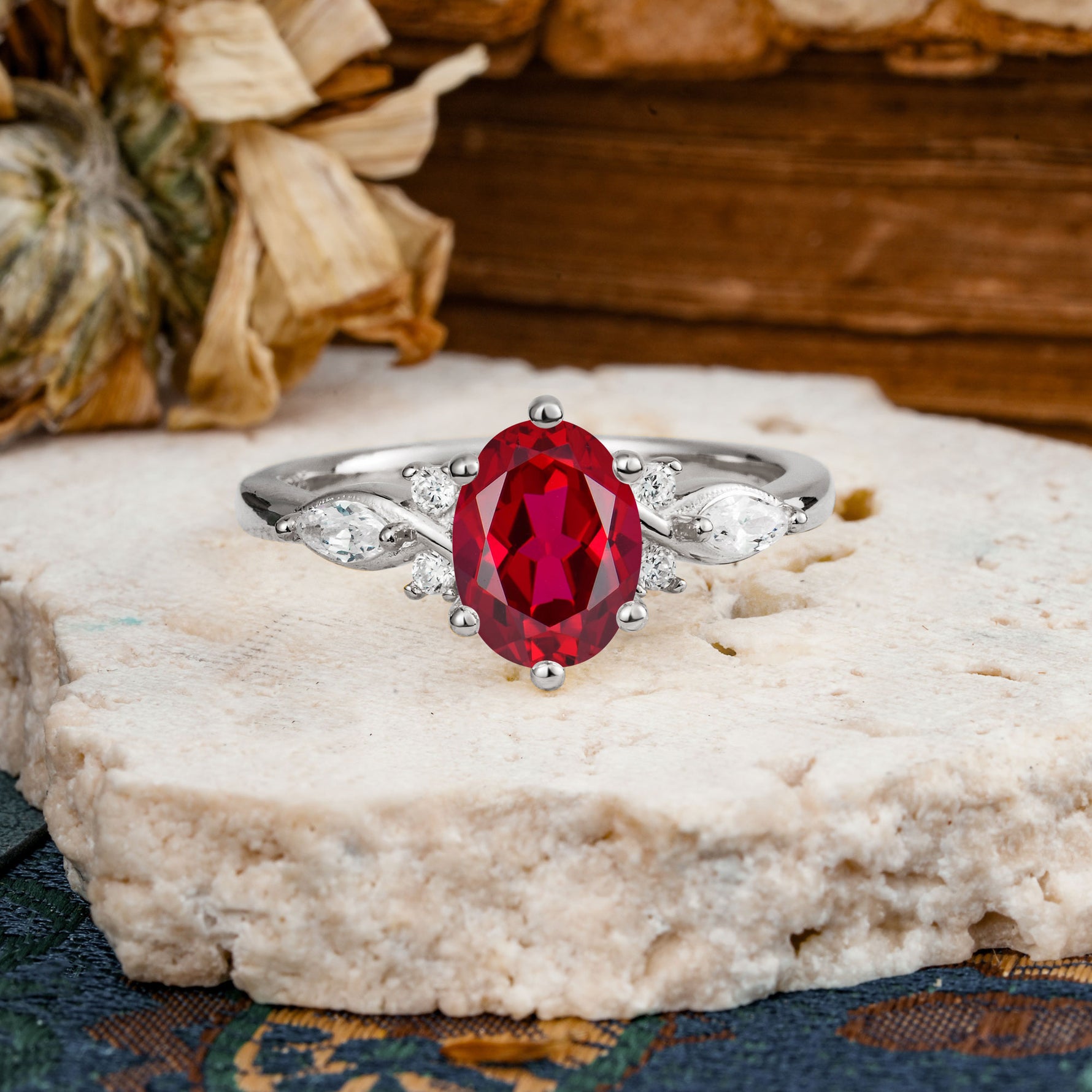 Nature Inspired 6 Prong Leaf Oval Cut Ruby Engagement Ring - Additional view