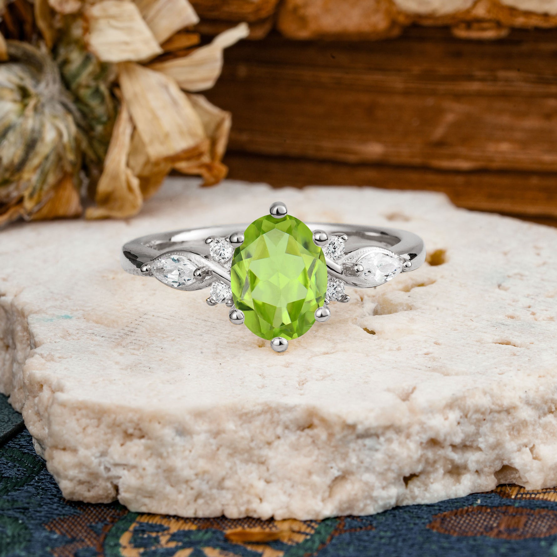 Nature Inspired 6 Prong Leaf Oval Cut Peridot Engagement Ring - Additional view
