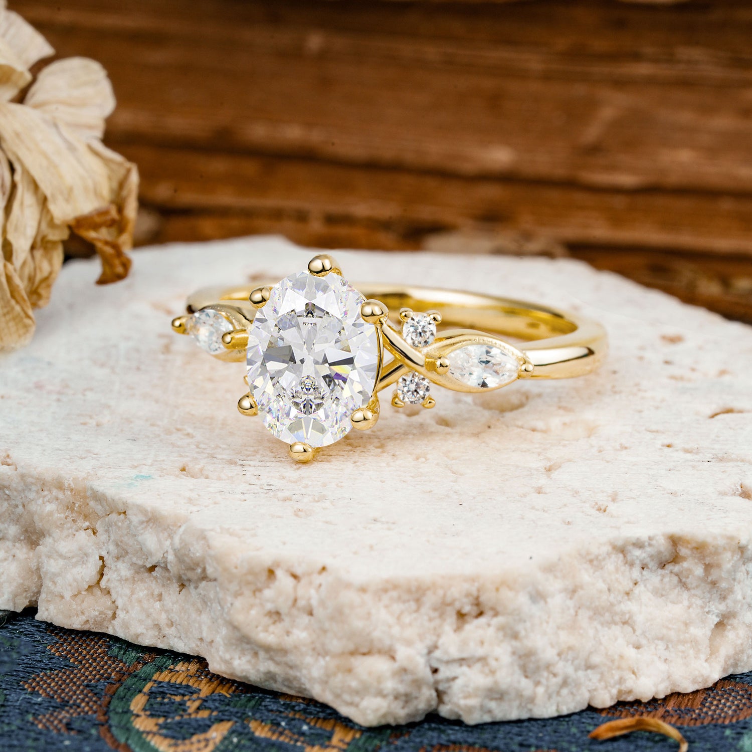 Nature Inspired 6 Prong Leaf Oval Cut Moissanite Engagement Ring - Additional view