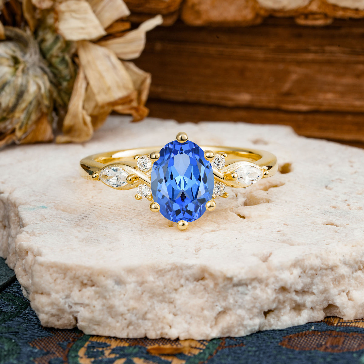 Nature Inspired 6 Prong Leaf Oval Cut Sapphire Engagement Ring - Additional view