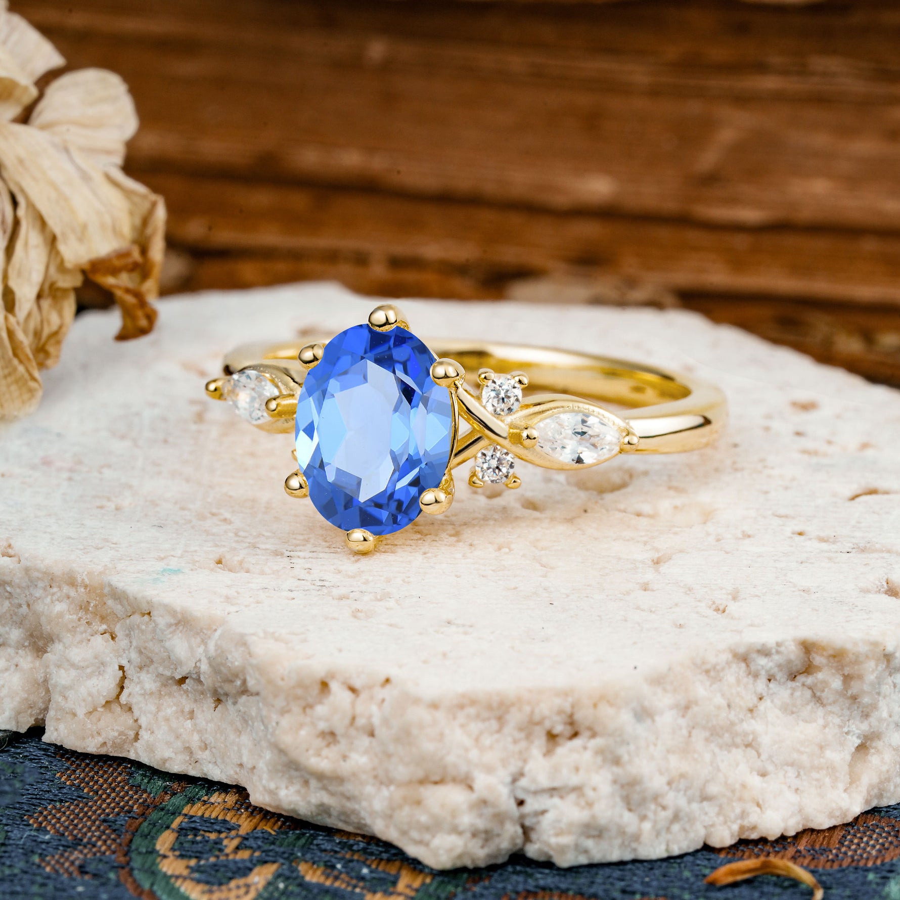 Nature Inspired 6 Prong Leaf Oval Cut Sapphire Engagement Ring - Additional view