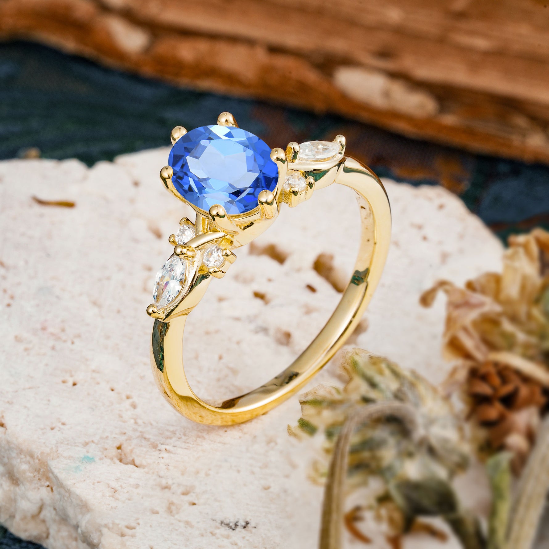 Nature Inspired 6 Prong Leaf Oval Cut Sapphire Engagement Ring - Additional view