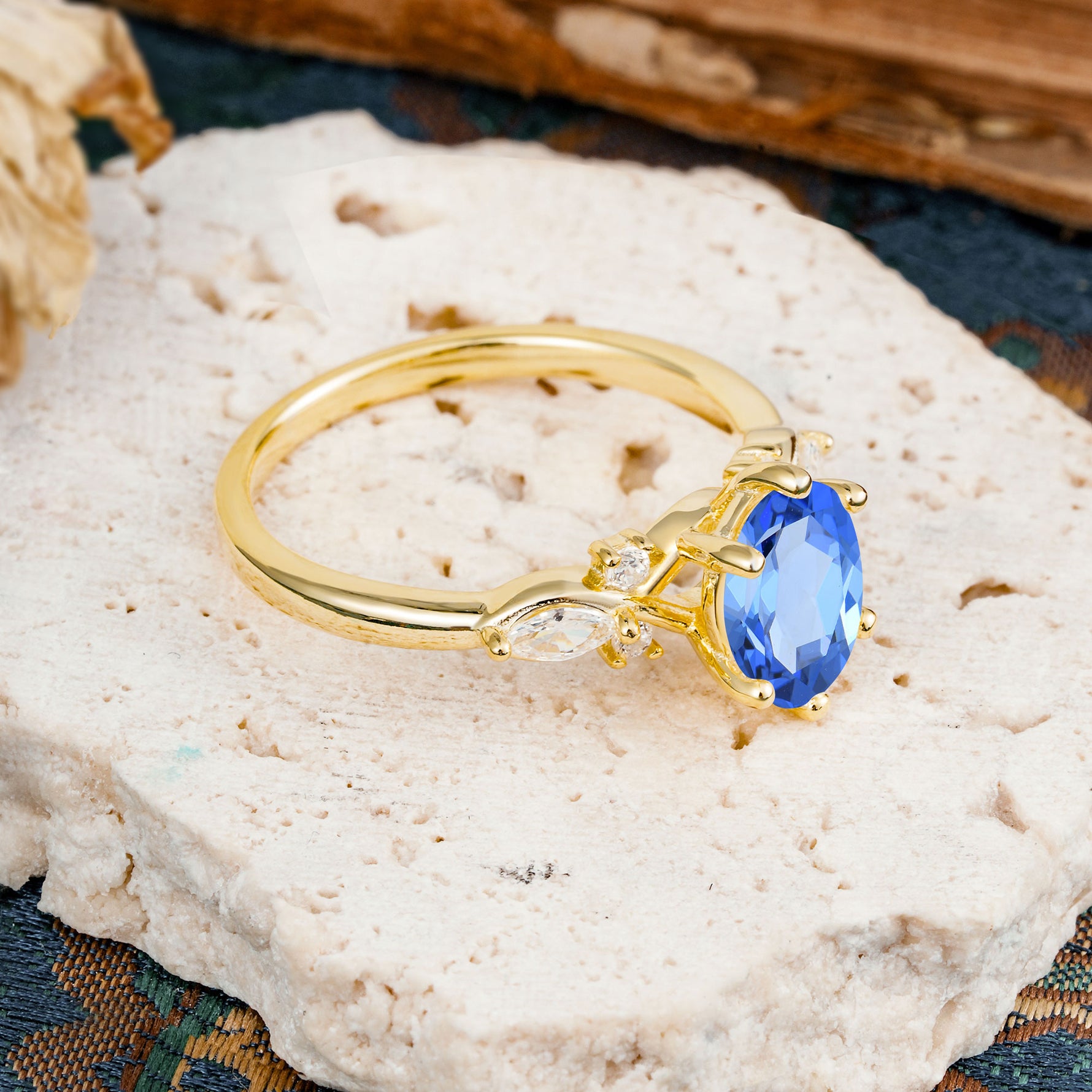 Nature Inspired 6 Prong Leaf Oval Cut Sapphire Engagement Ring - Additional view