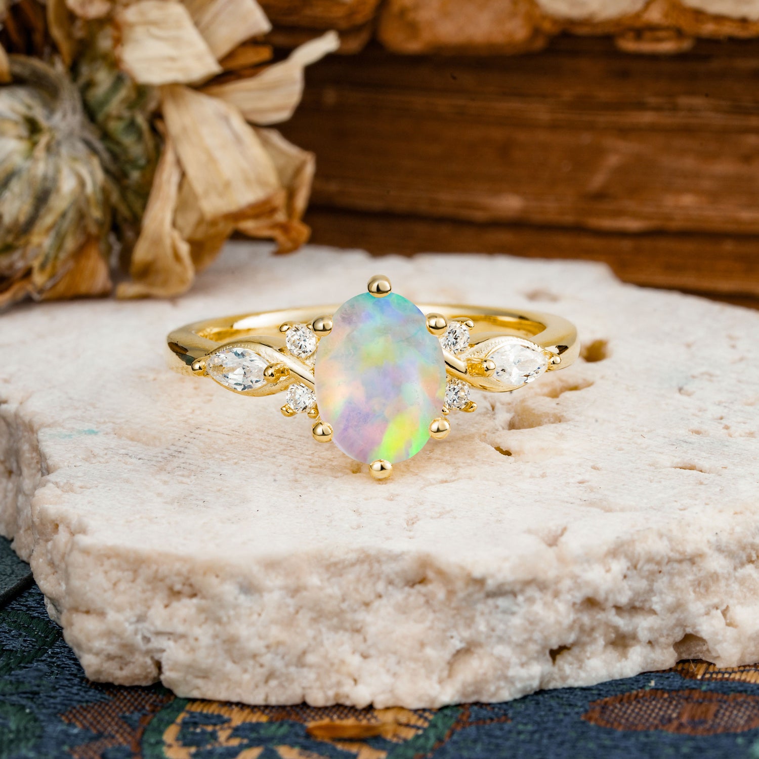 Nature Inspired 6 Prong Leaf Oval Cut Fire Opal Engagement Ring - Additional view