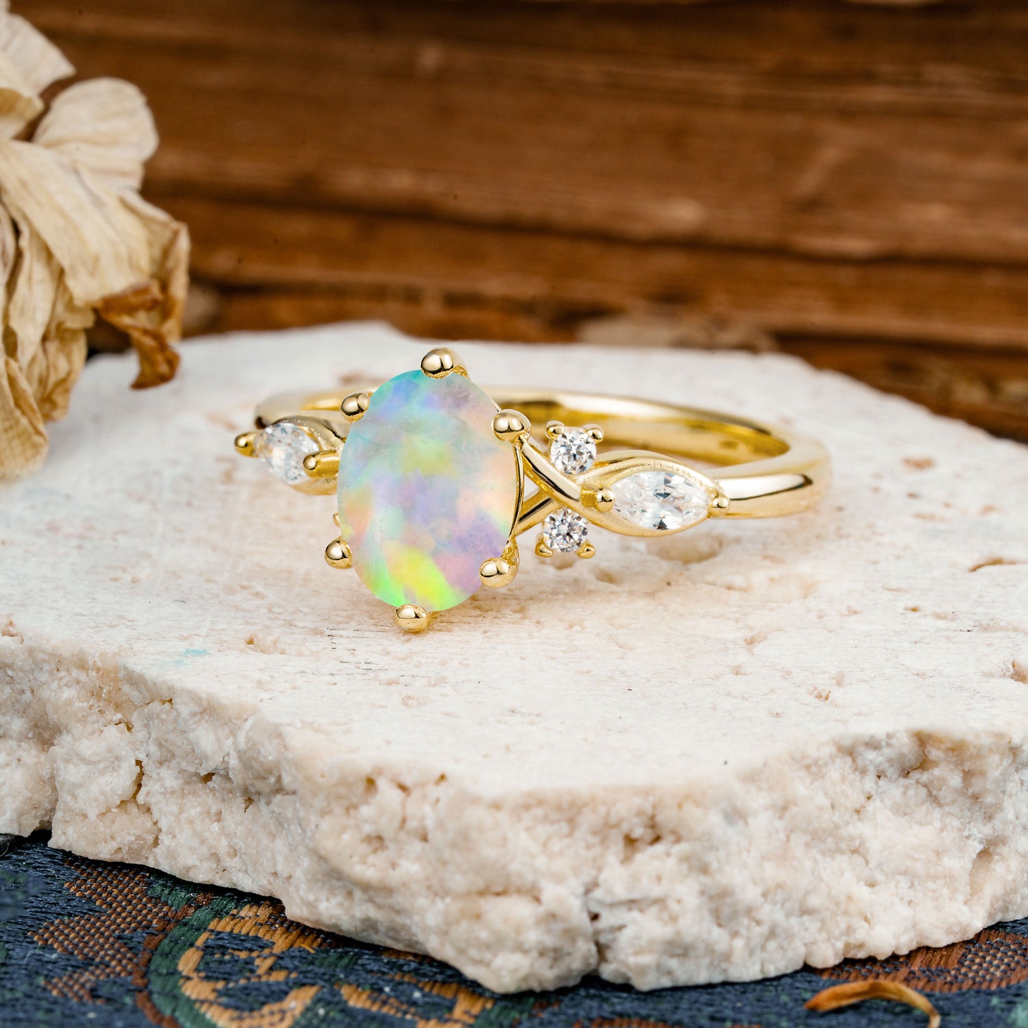 Nature Inspired 6 Prong Leaf Oval Cut Fire Opal Engagement Ring - Additional view